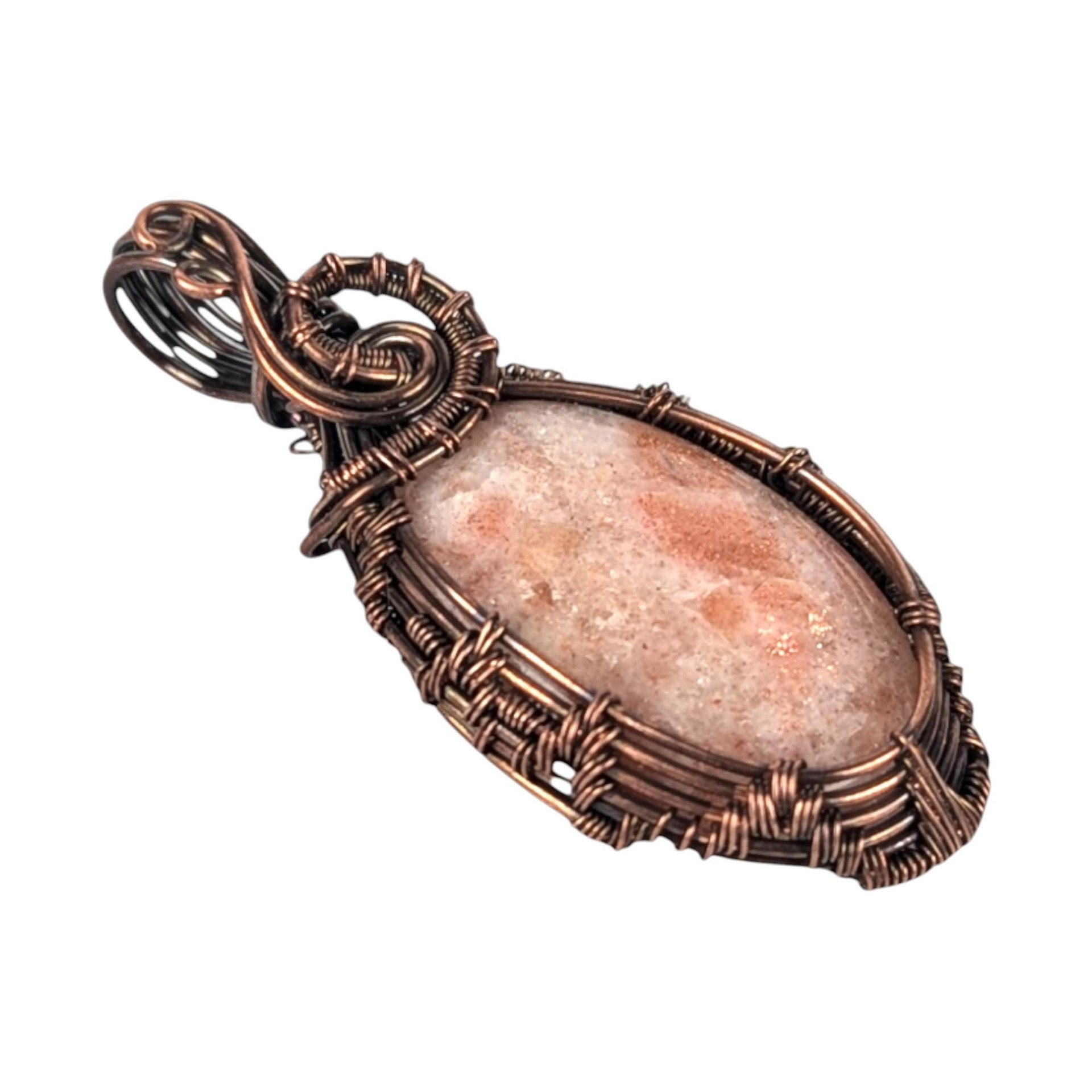 Handmade Copper Wire Wrapped Sunstone Pendant: Artisan Gemstone Jewelry