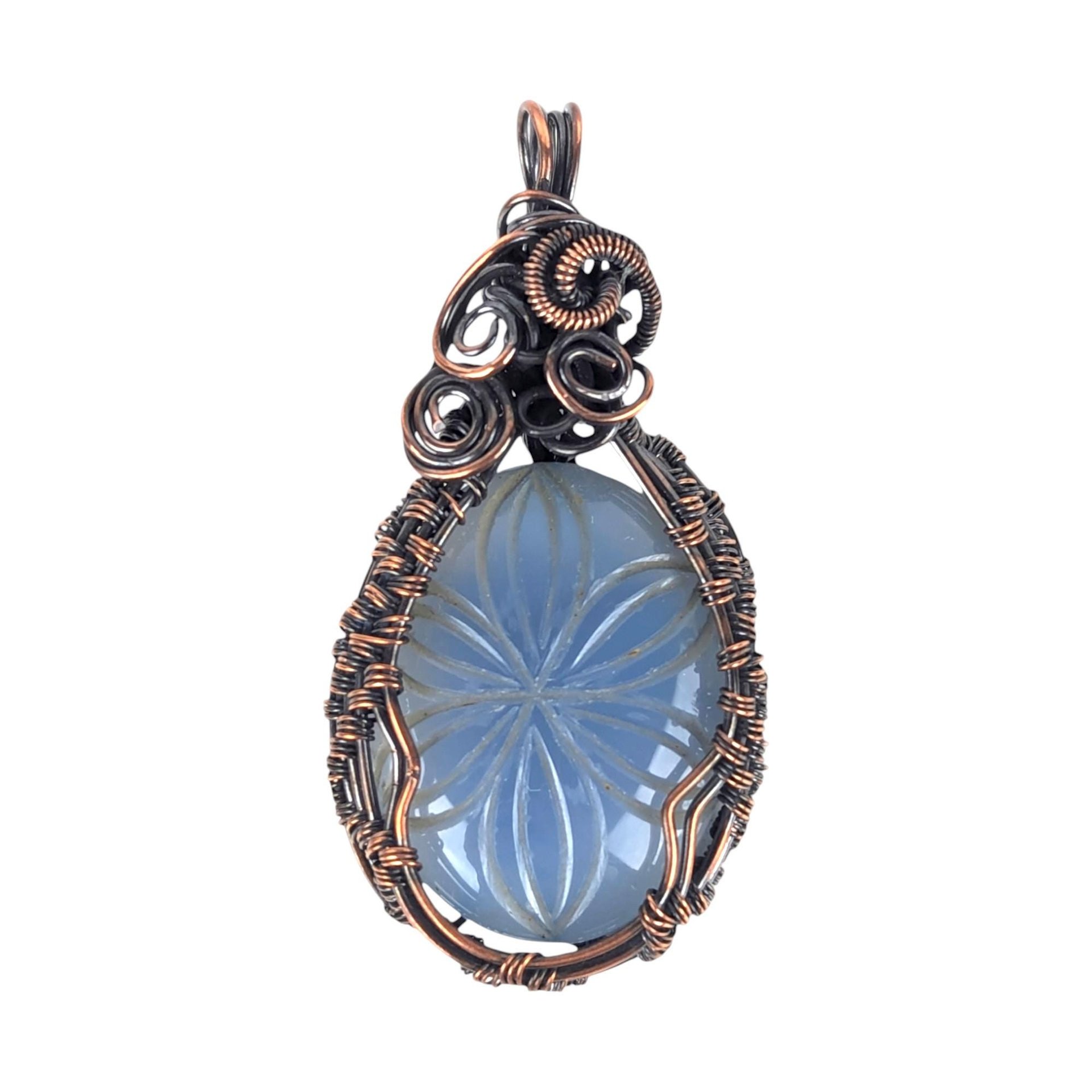 Copper Wire Wrapped Carved Blue Onyx Pendant: Handmade Floral Jewelry