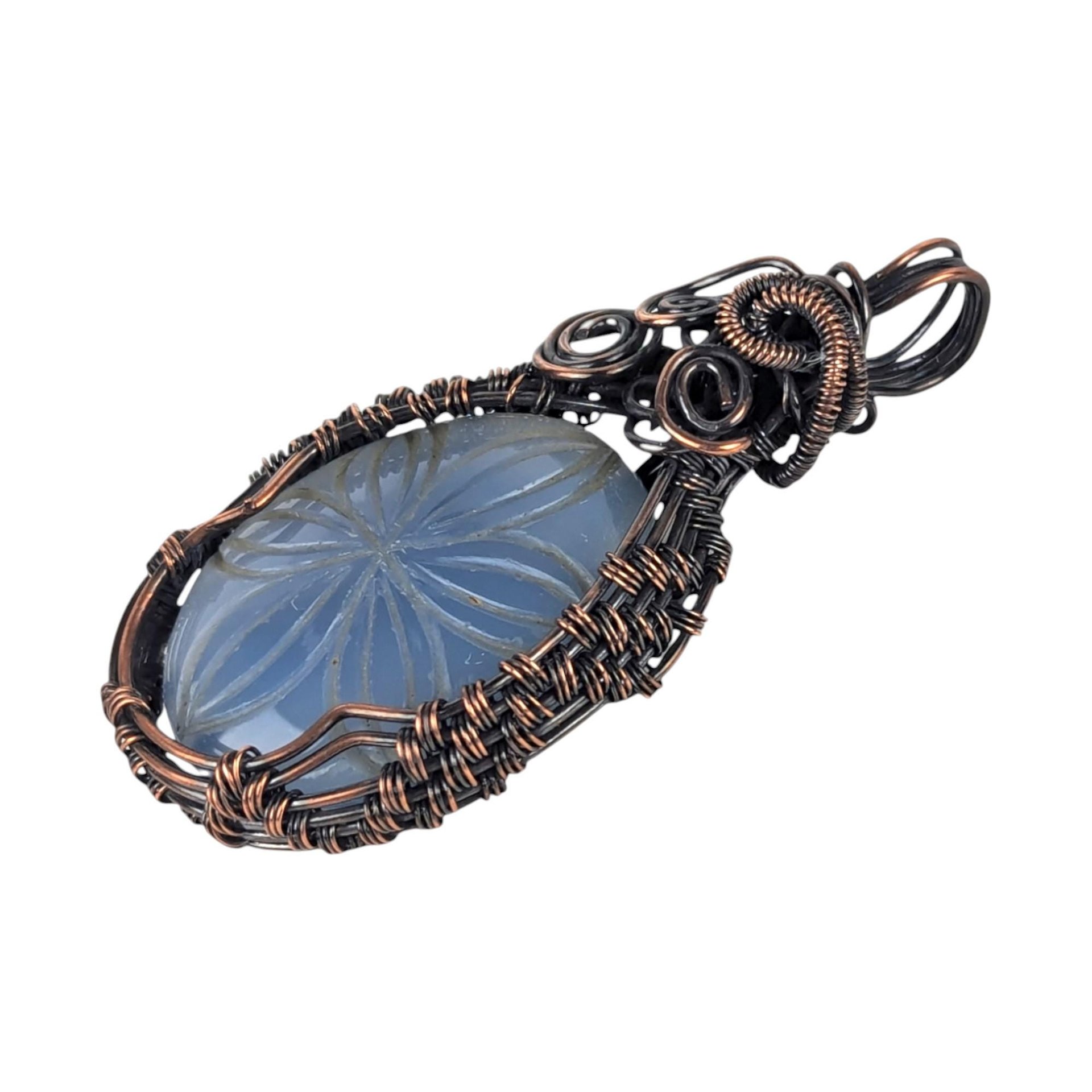 Copper Wire Wrapped Carved Blue Onyx Pendant: Handmade Floral Jewelry