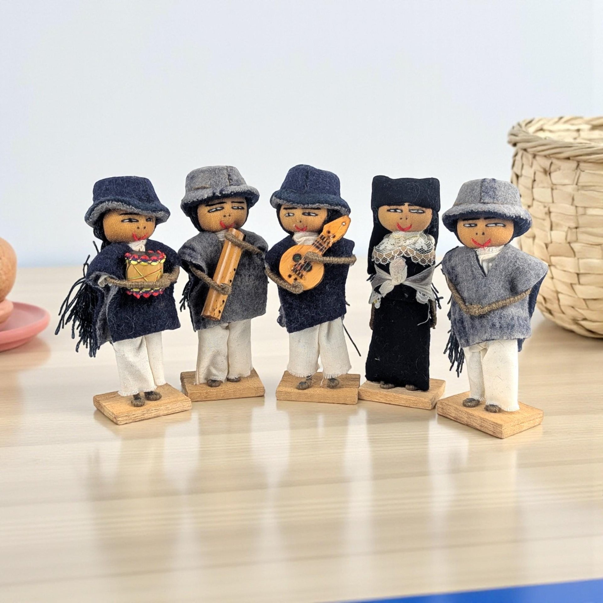 Vintage Ecuadorian Musician Set: Handmade Folk Art Wood Dolls