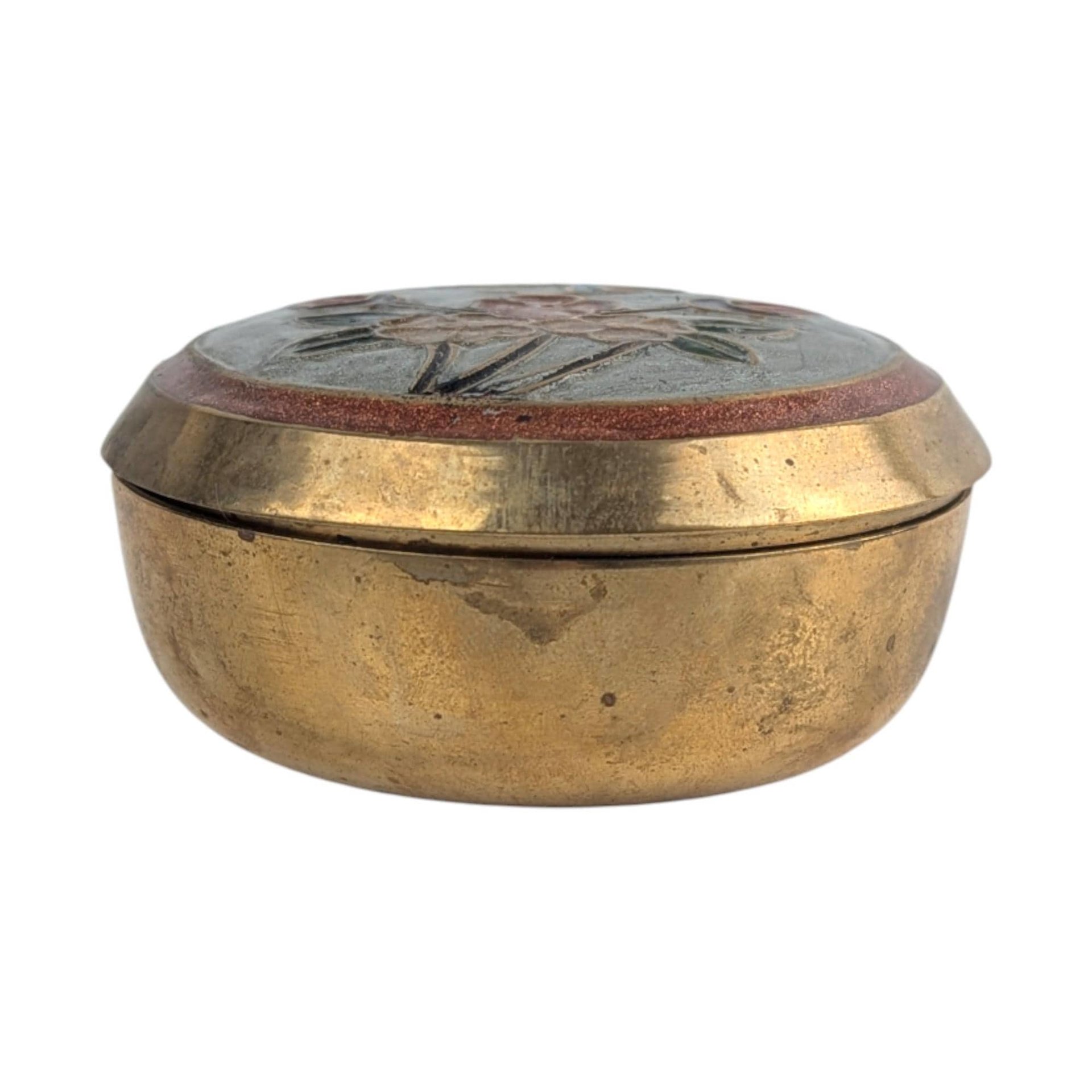 Vintage Brass Enamel Trinket Box: Floral Butterfly Lid Jewelry Holder Made in India