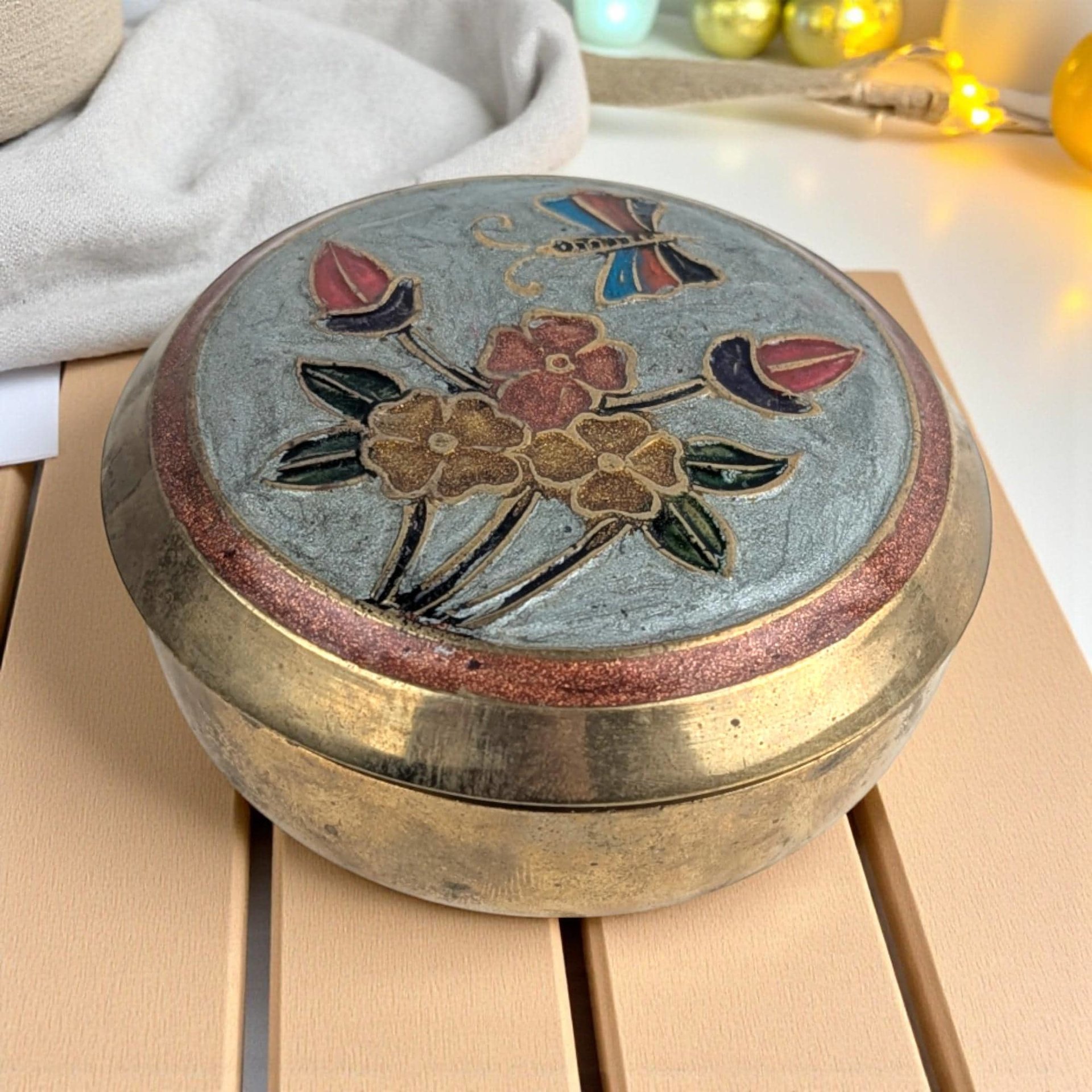 Vintage Brass Enamel Trinket Box: Floral Butterfly Lid Jewelry Holder Made in India