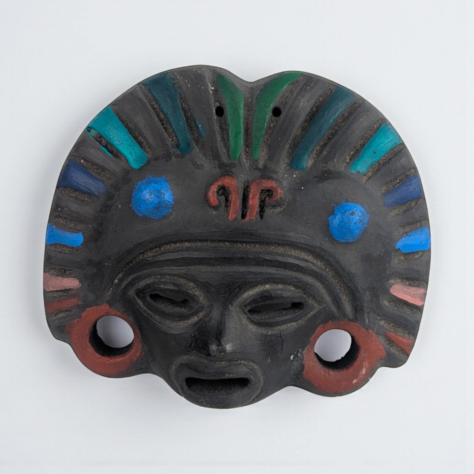 Vintage Hand Painted Clay Mask: Tribal Style Folk Art Wall Hanging