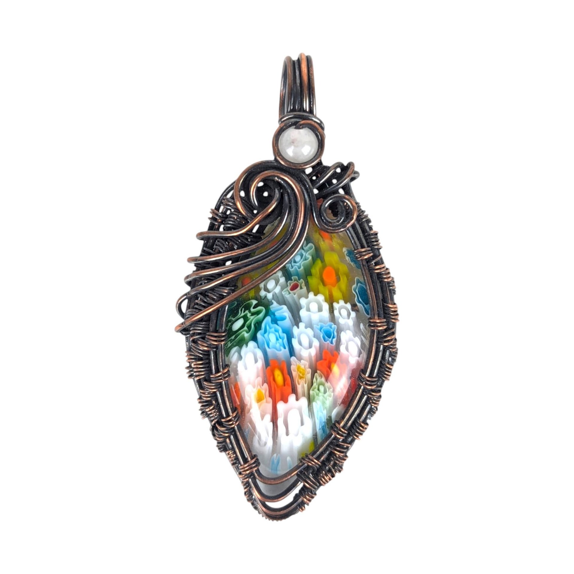 Handmade Millefiori Pendant: Copper Wire Wrapped Glass Necklace with Rose Quartz Accent