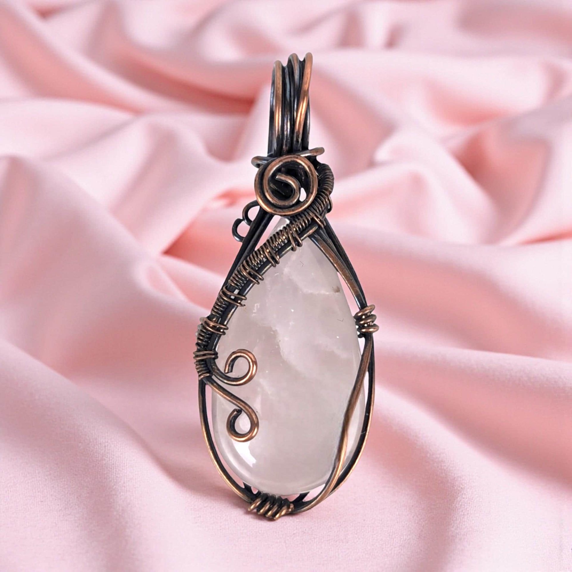 Handmade Rose Quartz Pendant: Copper Wire Wrapped Teardrop Gemstone Necklace