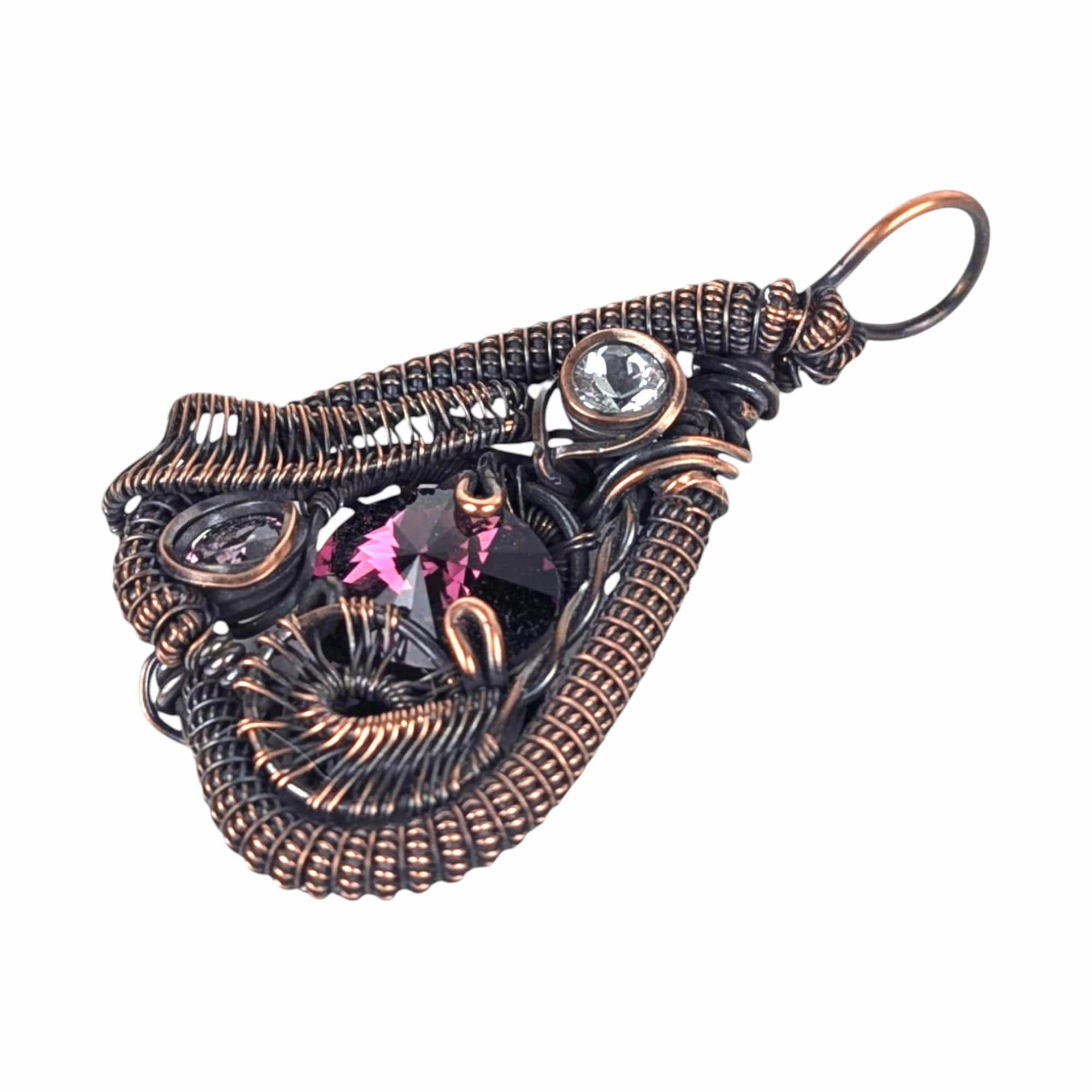 Handmade Crystal Pendant: Copper Wire Woven Necklace with Purple Accents