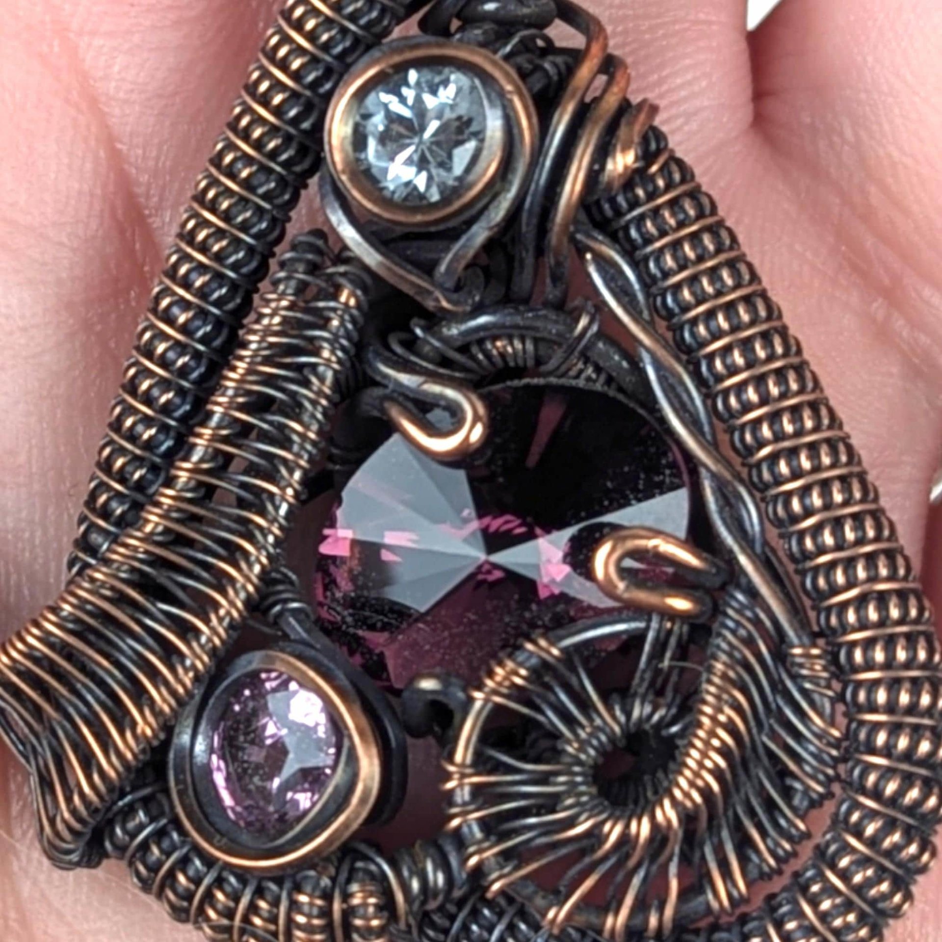Handmade Crystal Pendant: Copper Wire Woven Necklace with Purple Accents