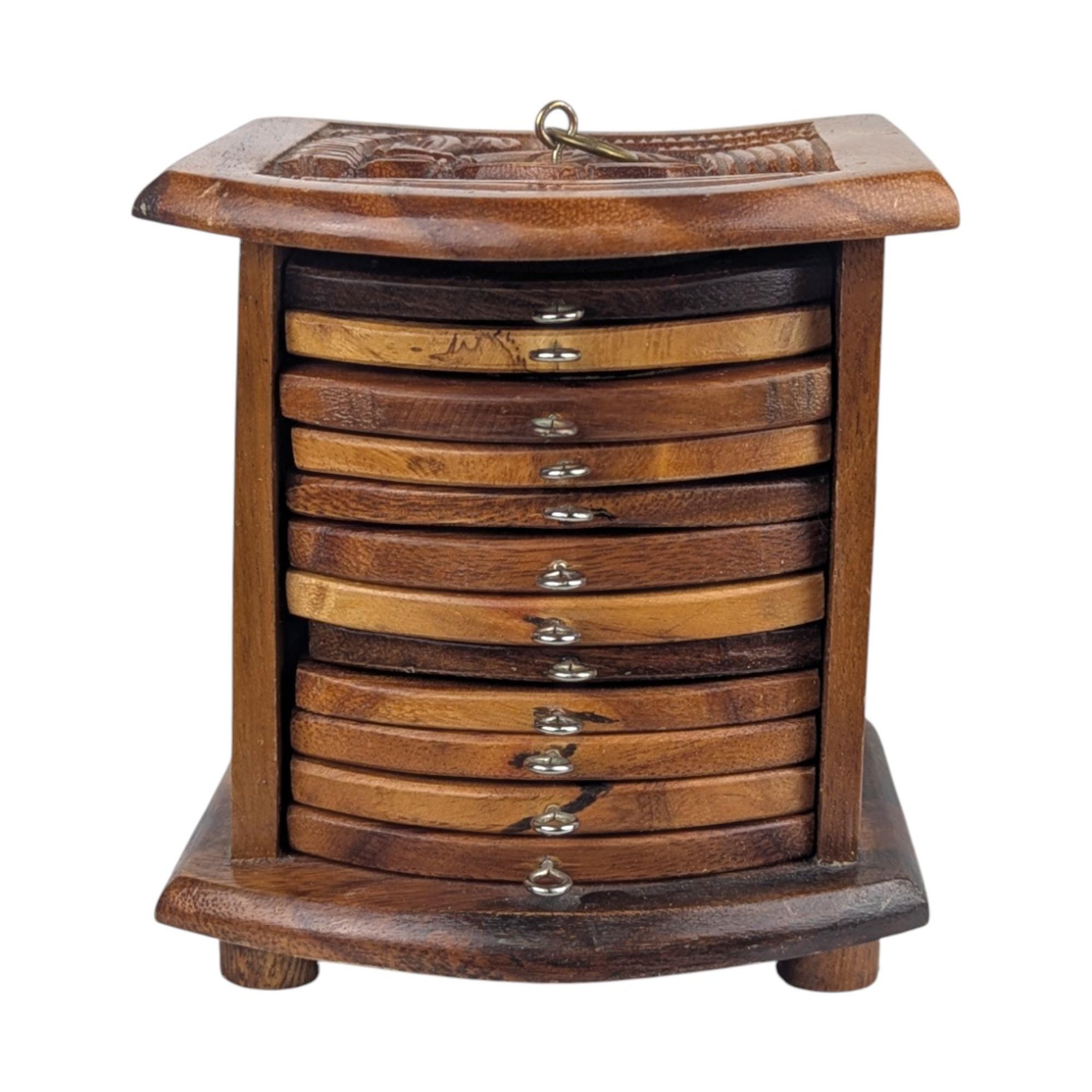 Vintage Carved Wood Coaster Set: Mixed Wood Barware with Holder