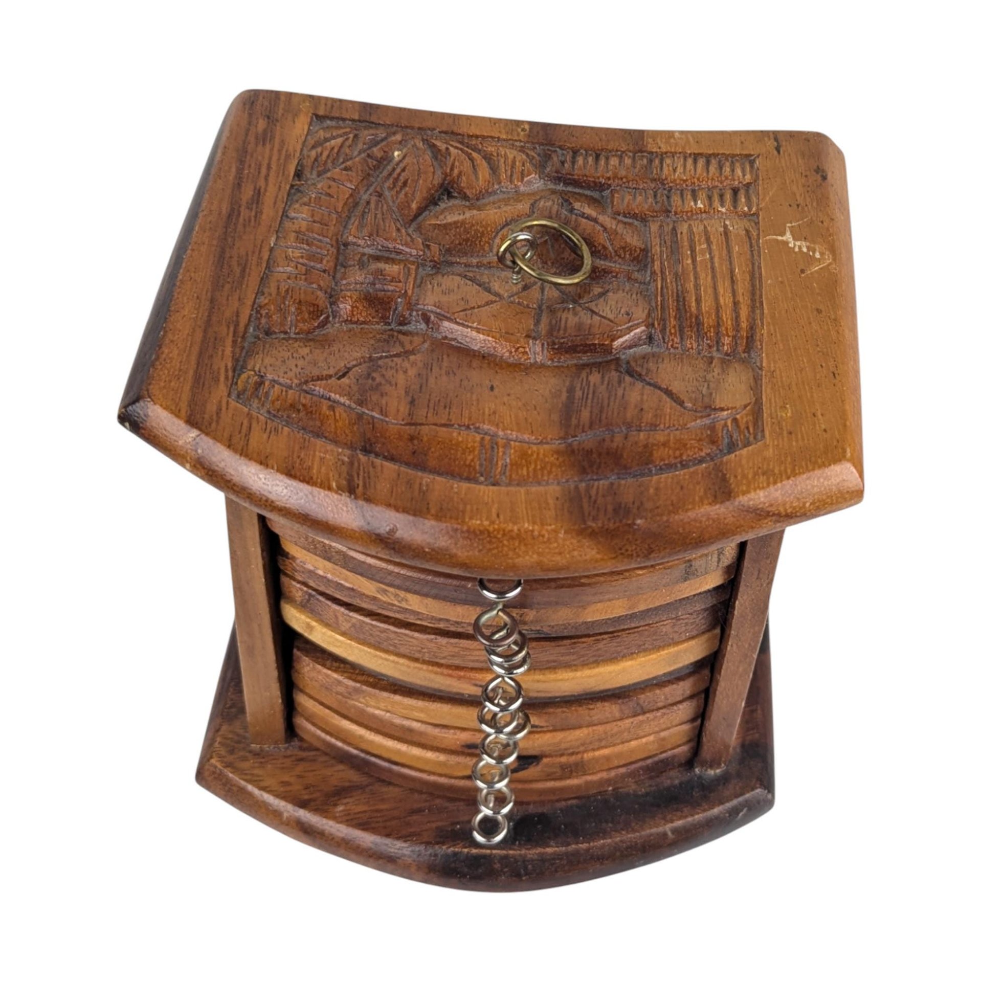 Vintage Carved Wood Coaster Set: Mixed Wood Barware with Holder