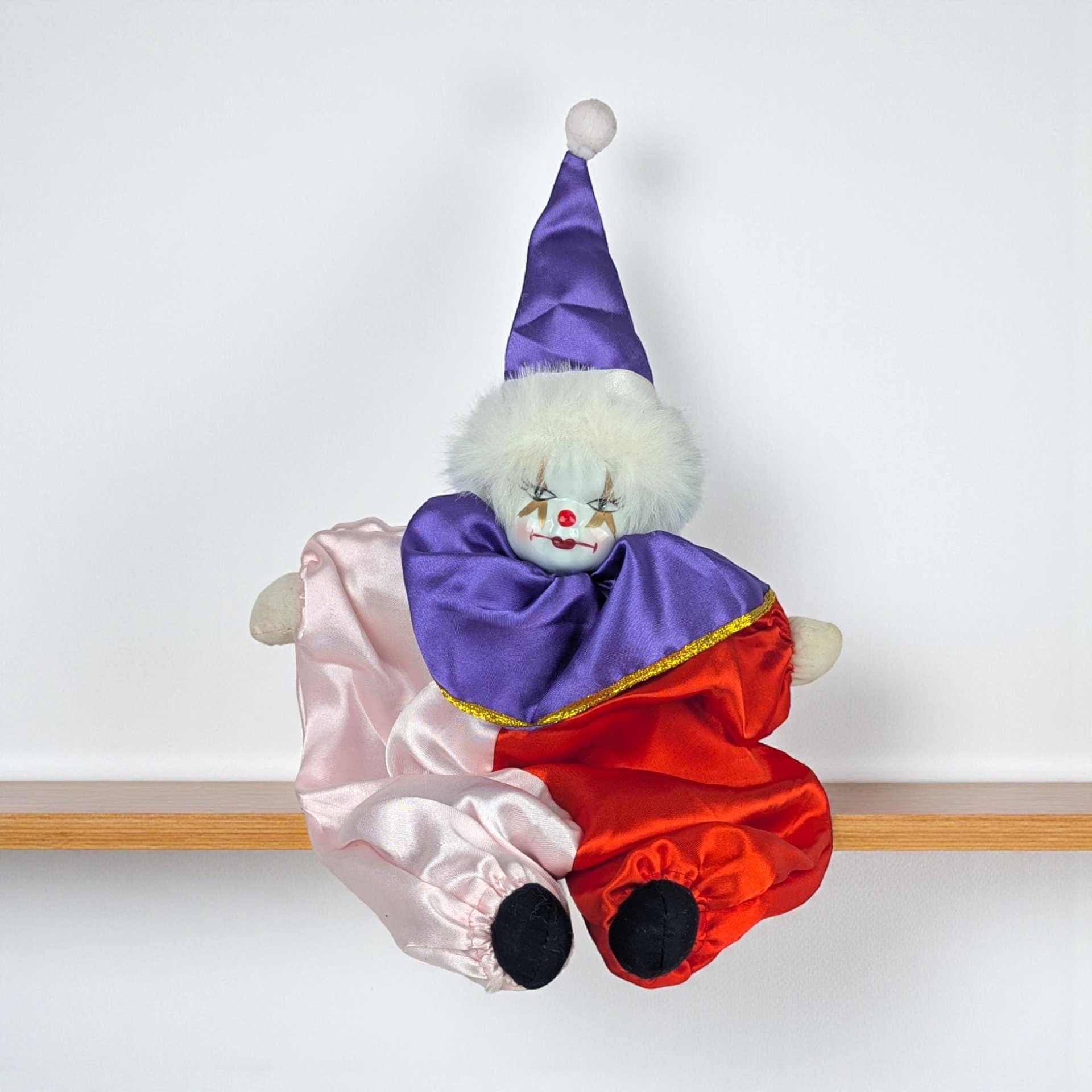 Vintage Porcelain Clown Doll: Satin Shelf Sitter Figure