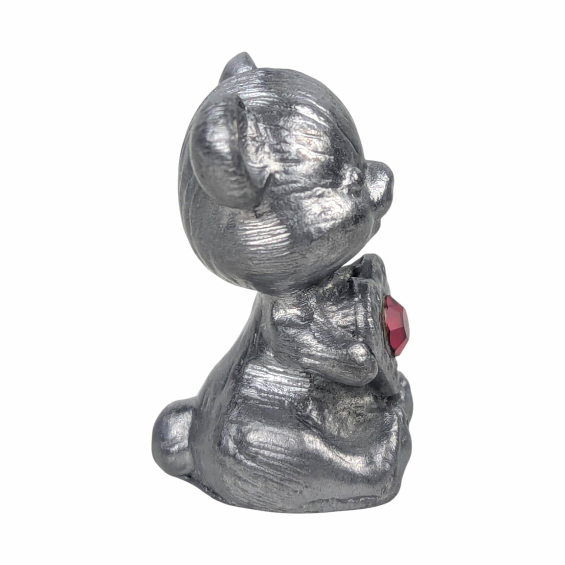Vintage Pewter Bear Figurine: Miniature Bear Holding Red Crystal Heart Collectible