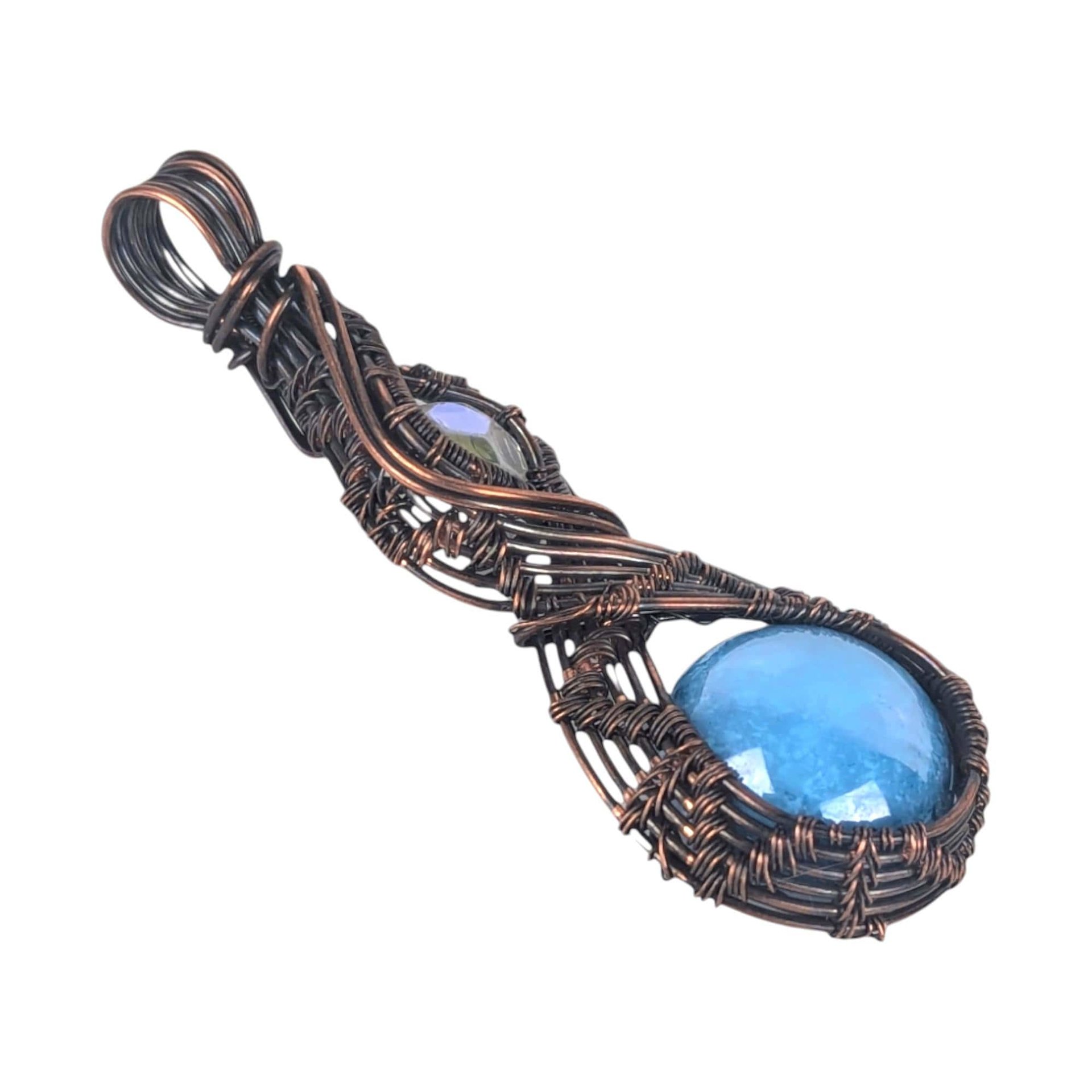 Copper Wire Wrapped Pendant: Blue Czech Glass with Crystal Accent