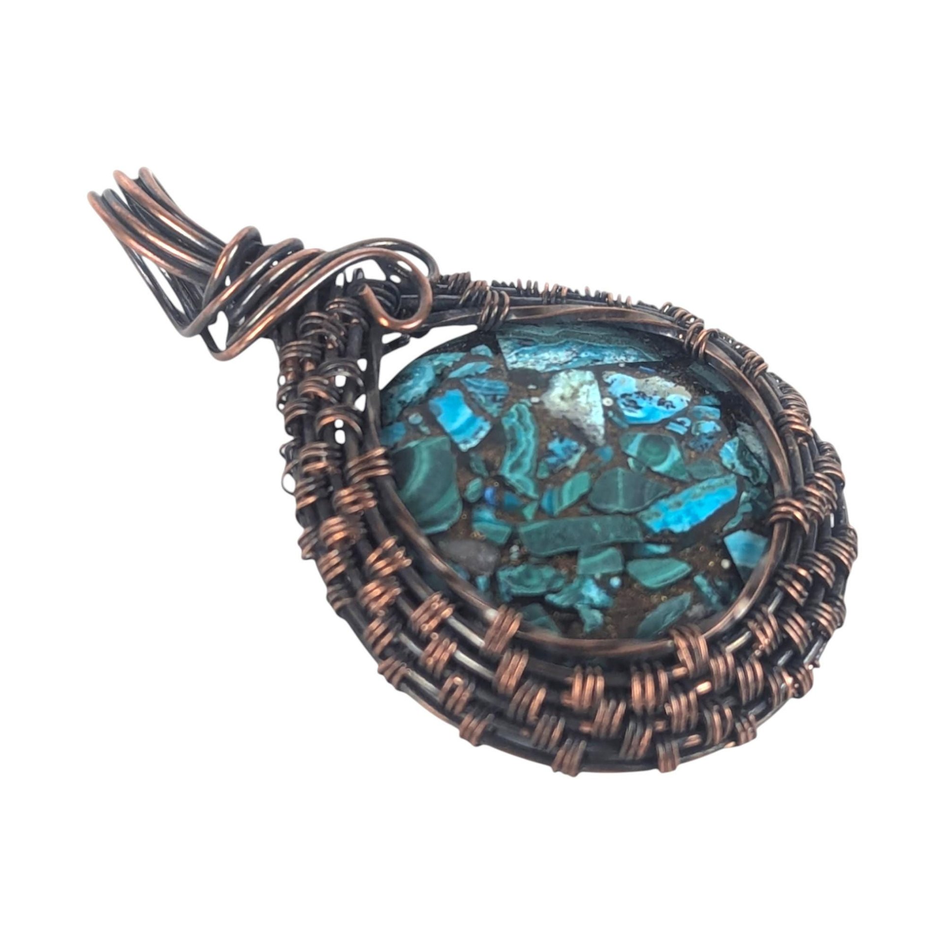 Copper Wire Wrapped Pendant: Azurite Malachite Gemstone, Artisan Boho Jewelry