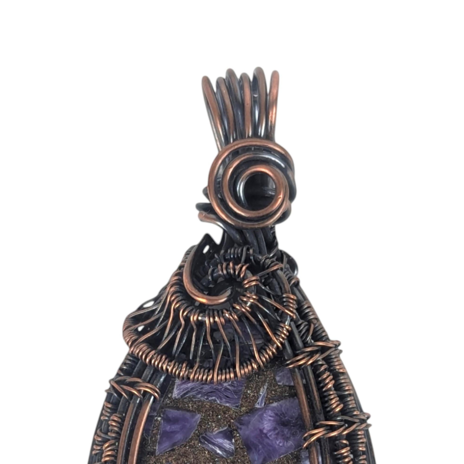 Copper Wire Wrapped Charoite Pendant: Crushed Purple Gemstone, Artisan Boho Jewelry