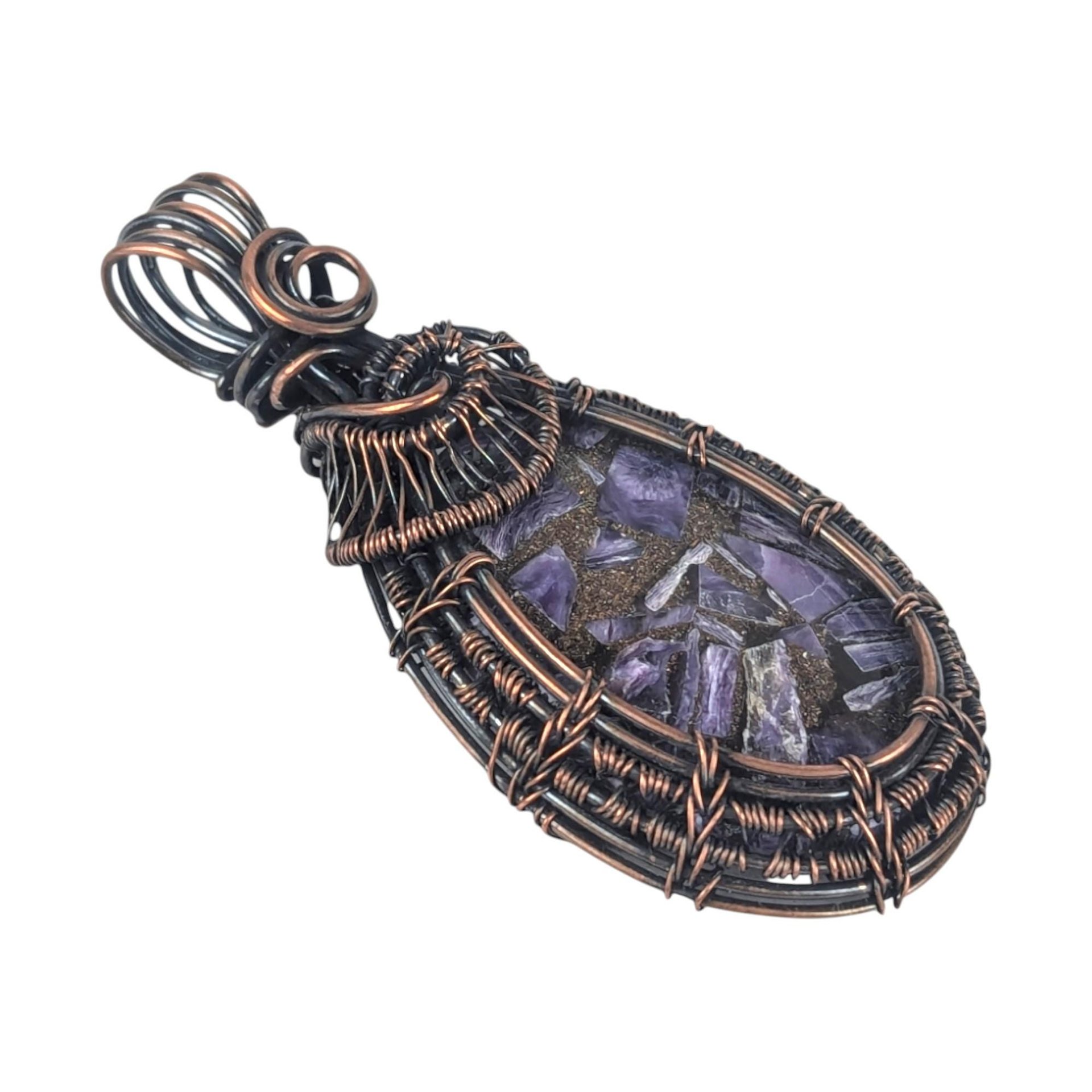 Copper Wire Wrapped Charoite Pendant: Crushed Purple Gemstone, Artisan Boho Jewelry