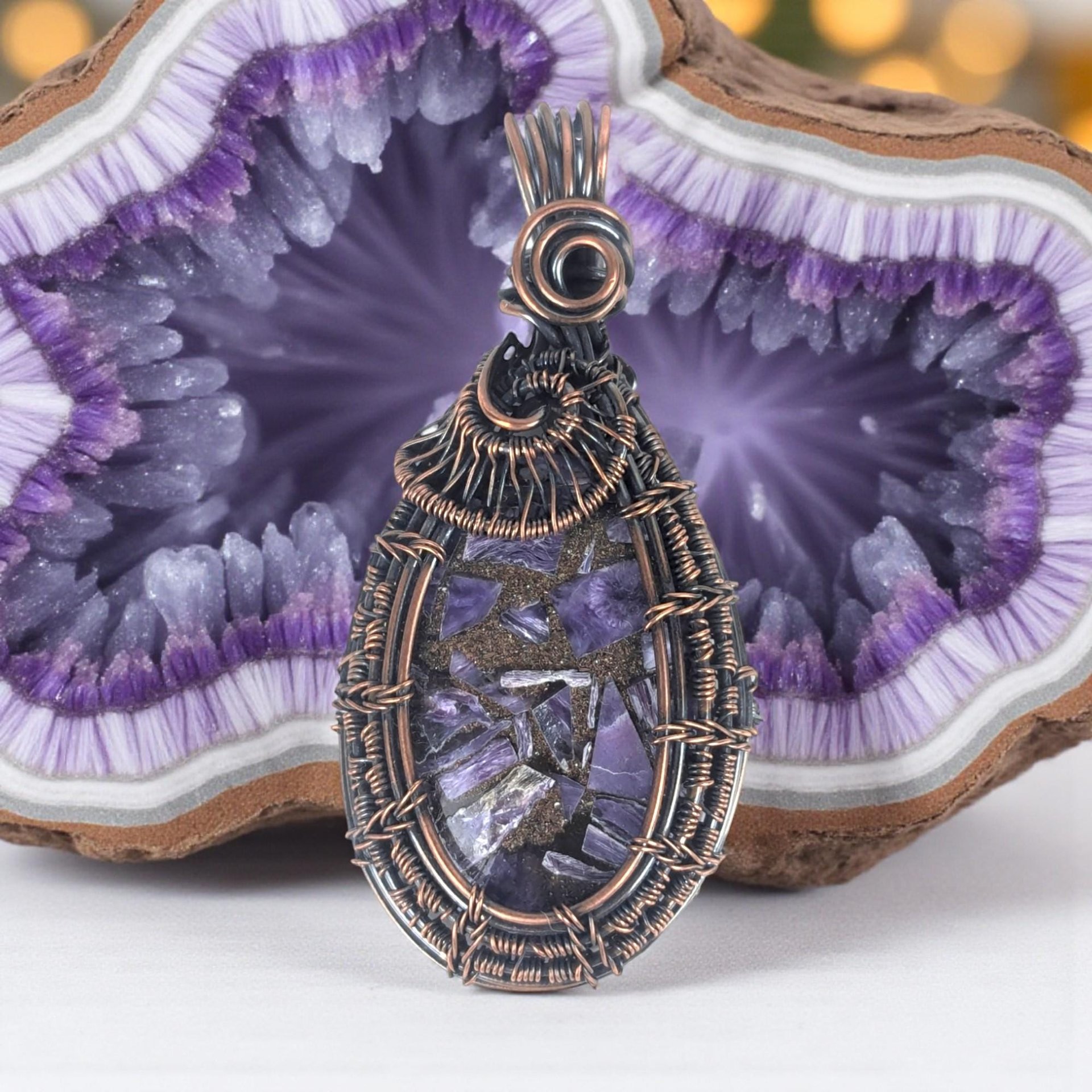 Copper Wire Wrapped Charoite Pendant: Crushed Purple Gemstone, Artisan Boho Jewelry