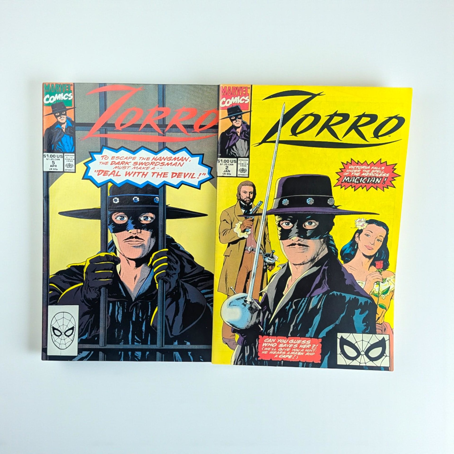 Vintage 1991 Marvel Zorro Comics Lot: Vol 1 Issues 2 & 5, 90s Comic Books