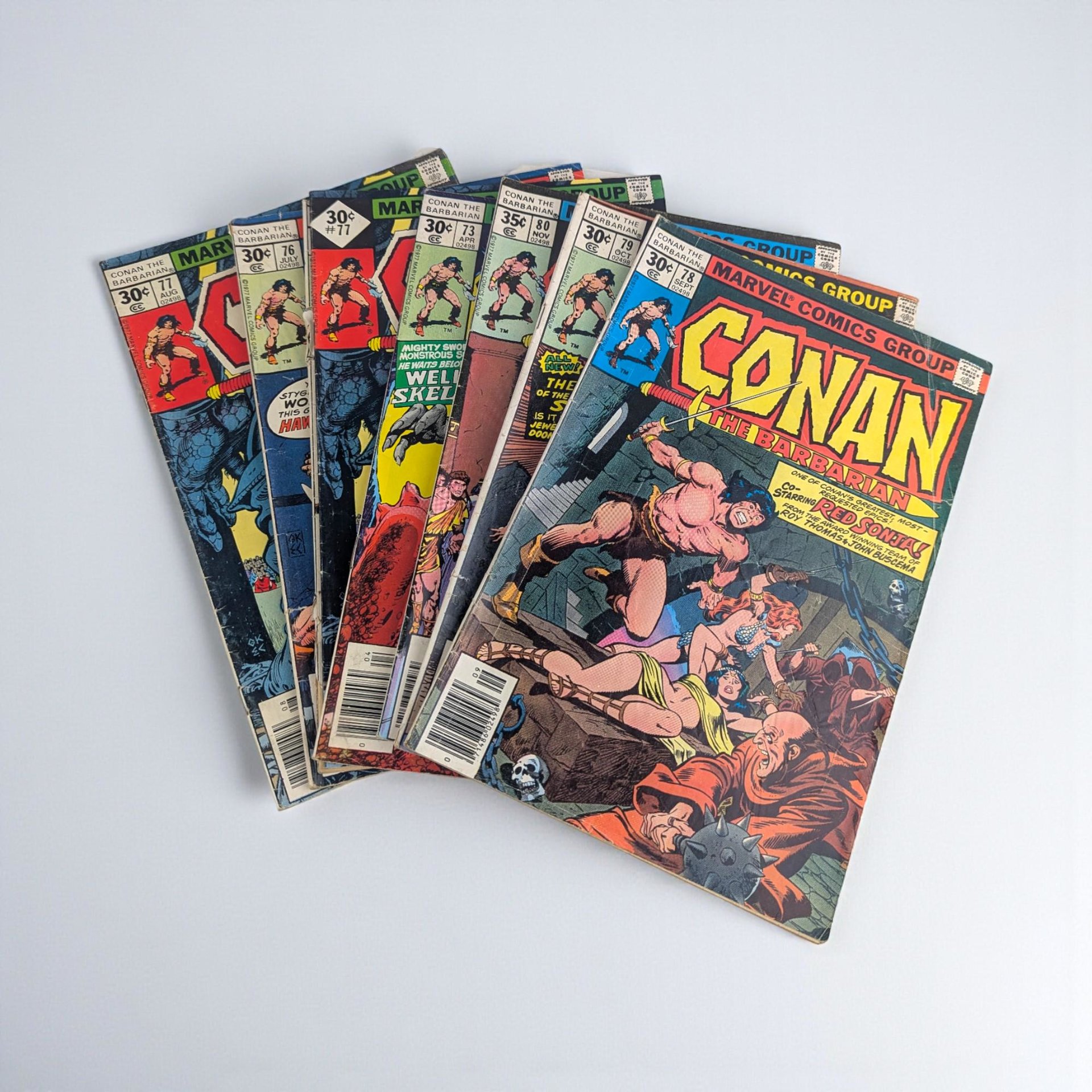 Vintage 1977 Conan the Barbarian Comic Lot: Marvel Comics Issues 73-80, Bronze Age