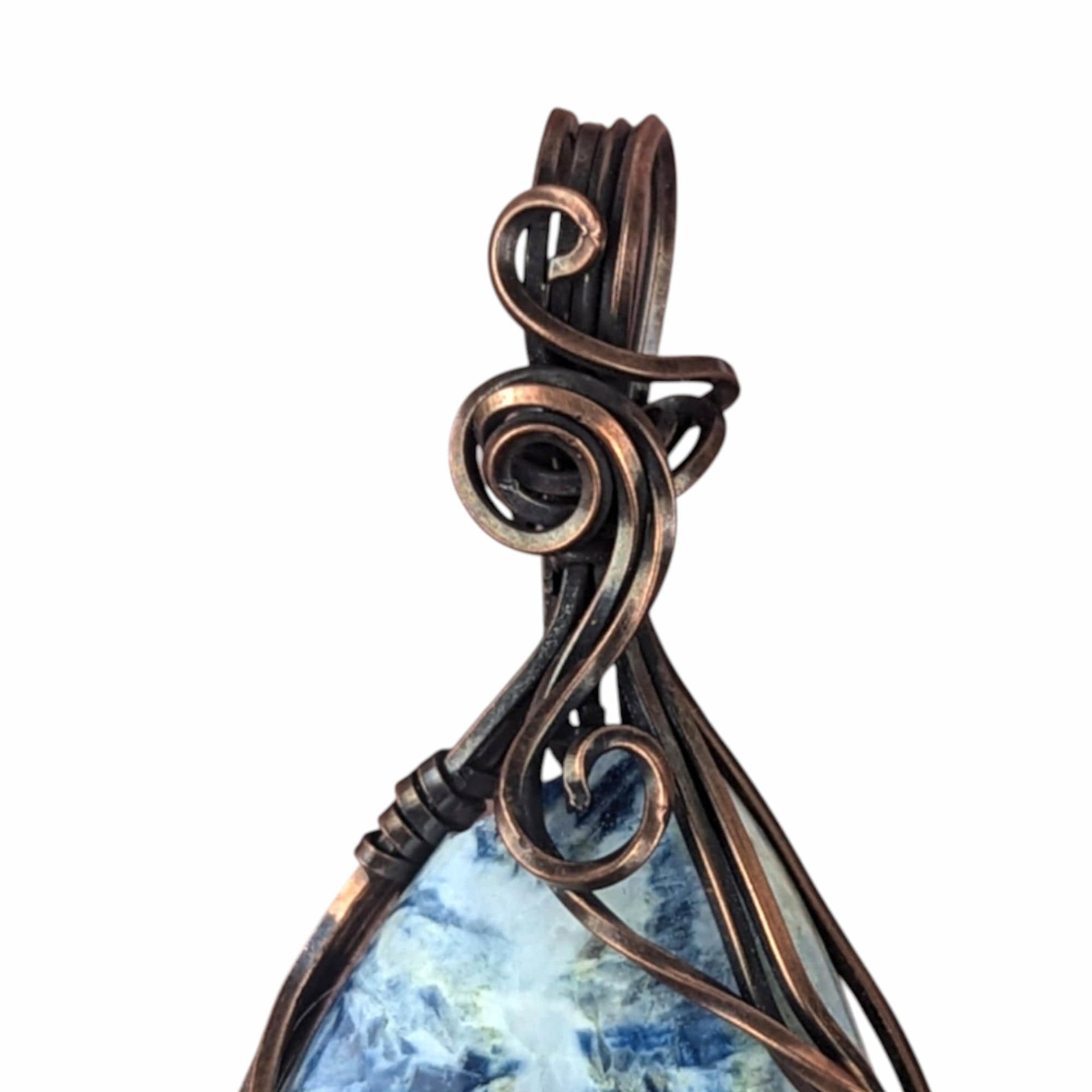 Copper Wire Wrapped Pendant: Blue Scheelite Stone, Handmade Natural Gemstone Jewelry