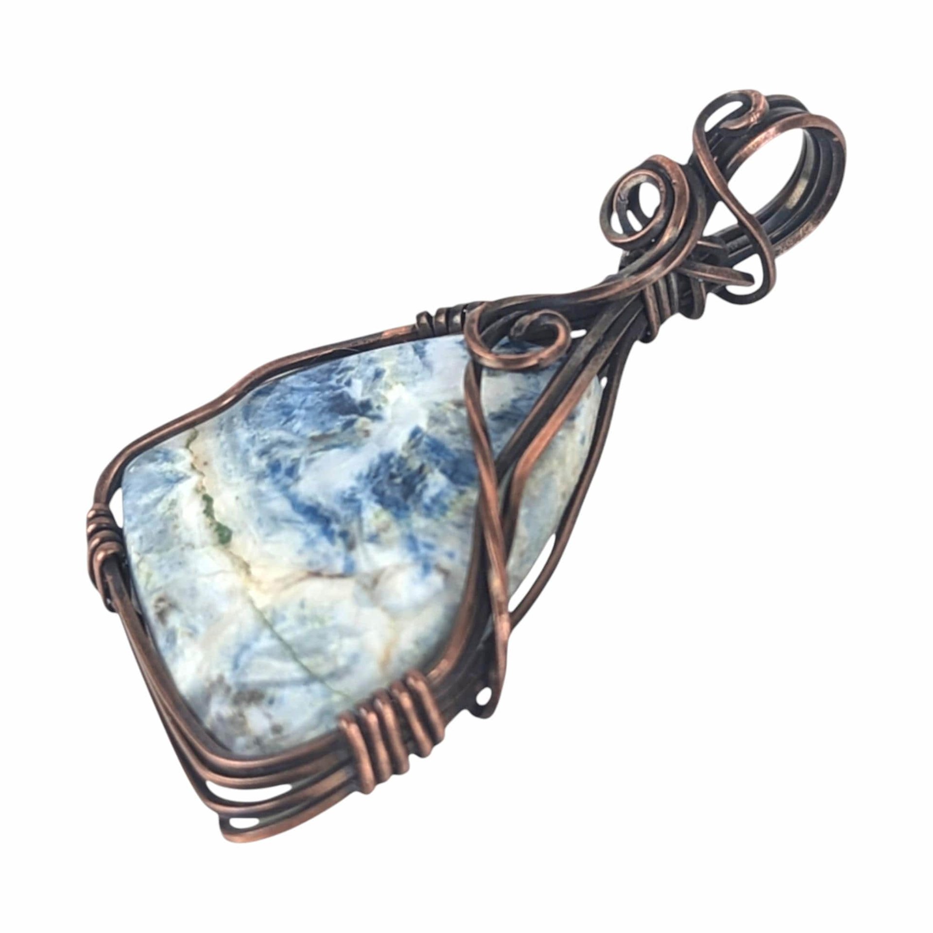 Copper Wire Wrapped Pendant: Blue Scheelite Stone, Handmade Natural Gemstone Jewelry