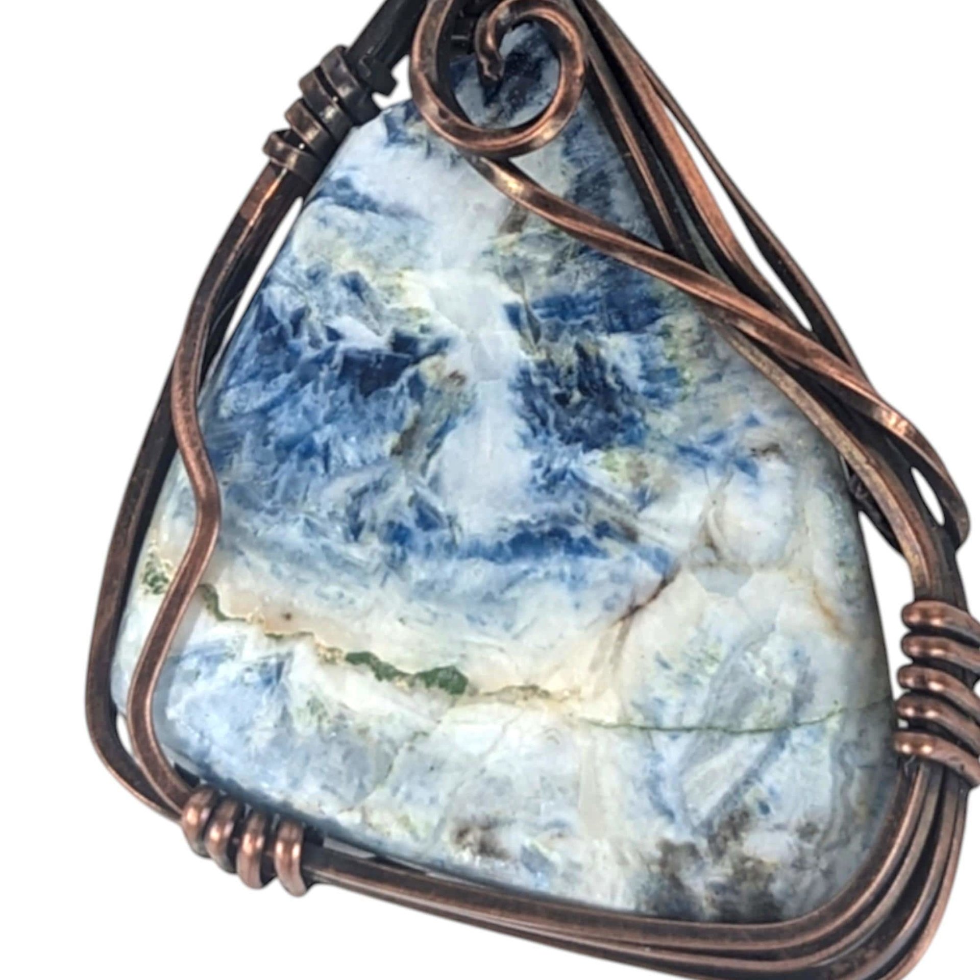 Copper Wire Wrapped Pendant: Blue Scheelite Stone, Handmade Natural Gemstone Jewelry