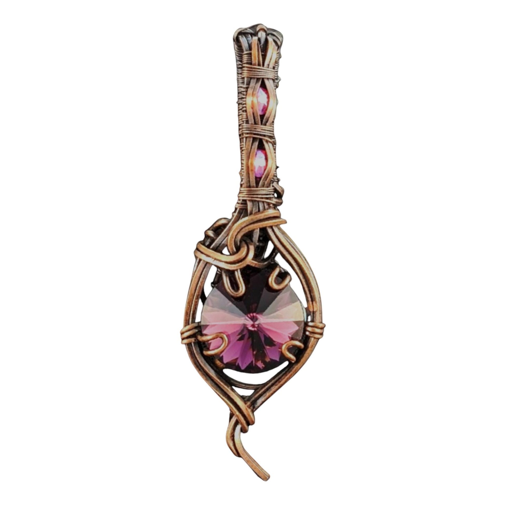 Copper Wire Wrapped Pendant: Purple Rivoli Crystal Charm, Handmade Artisan Jewelry