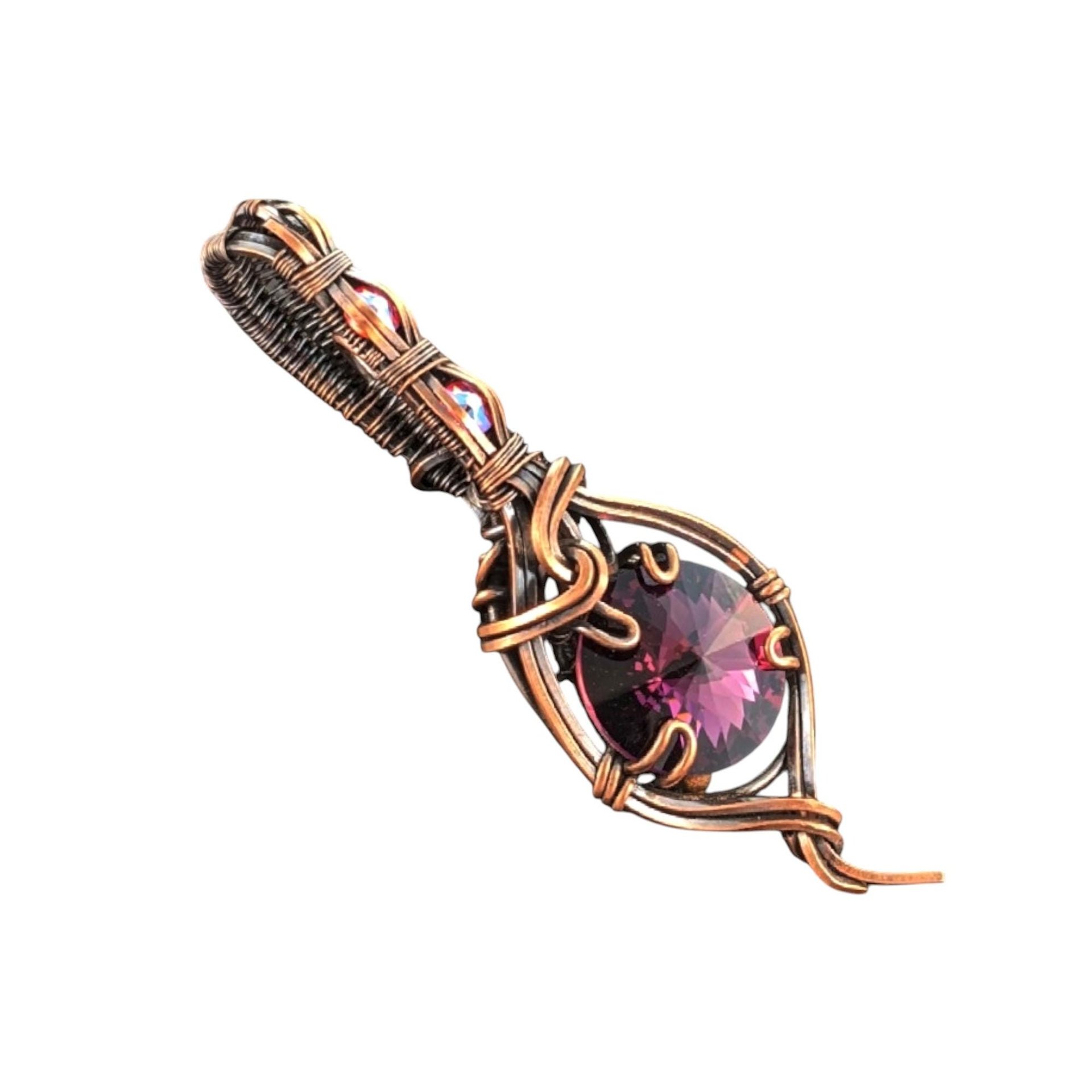 Copper Wire Wrapped Pendant: Purple Rivoli Crystal Charm, Handmade Artisan Jewelry
