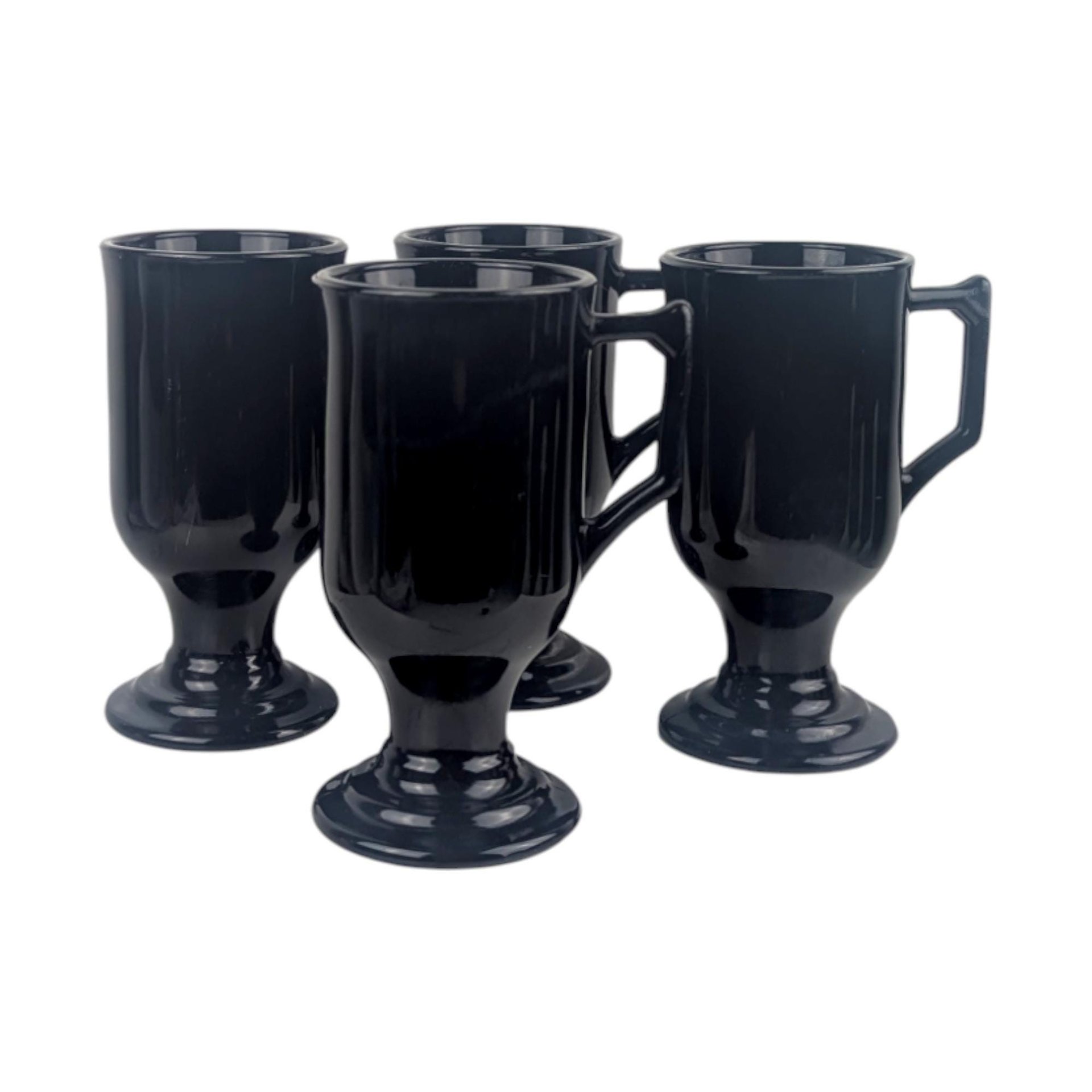 Vintage Black Glass Irish Coffee Mugs: Set of Four Footed Mugs