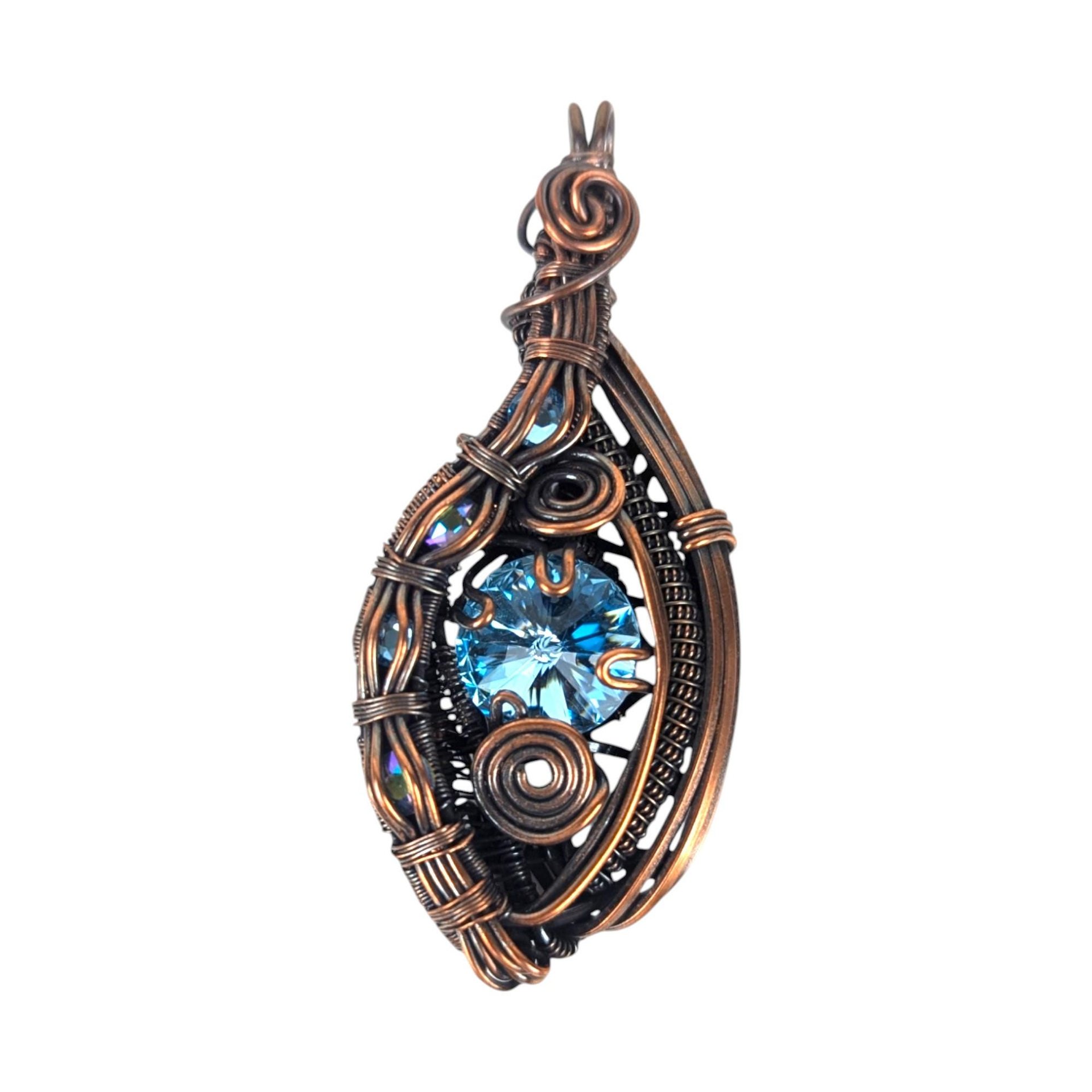 Handmade Copper Wire Wrapped Pendant: Blue Rivoli Crystal Statement Jewelry