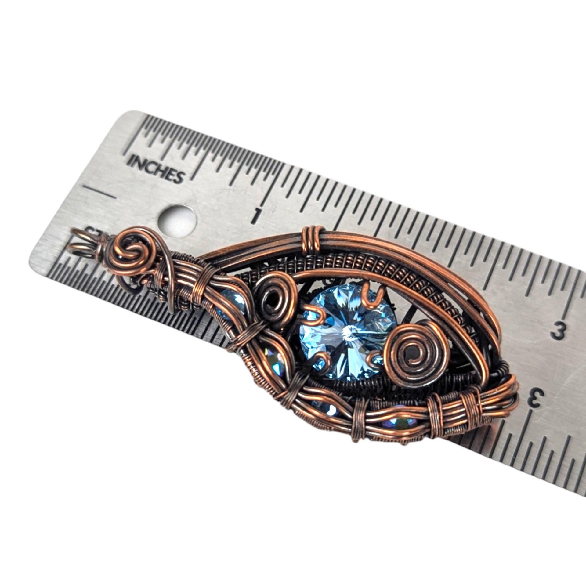 Handmade Copper Wire Wrapped Pendant: Blue Rivoli Crystal Statement Jewelry
