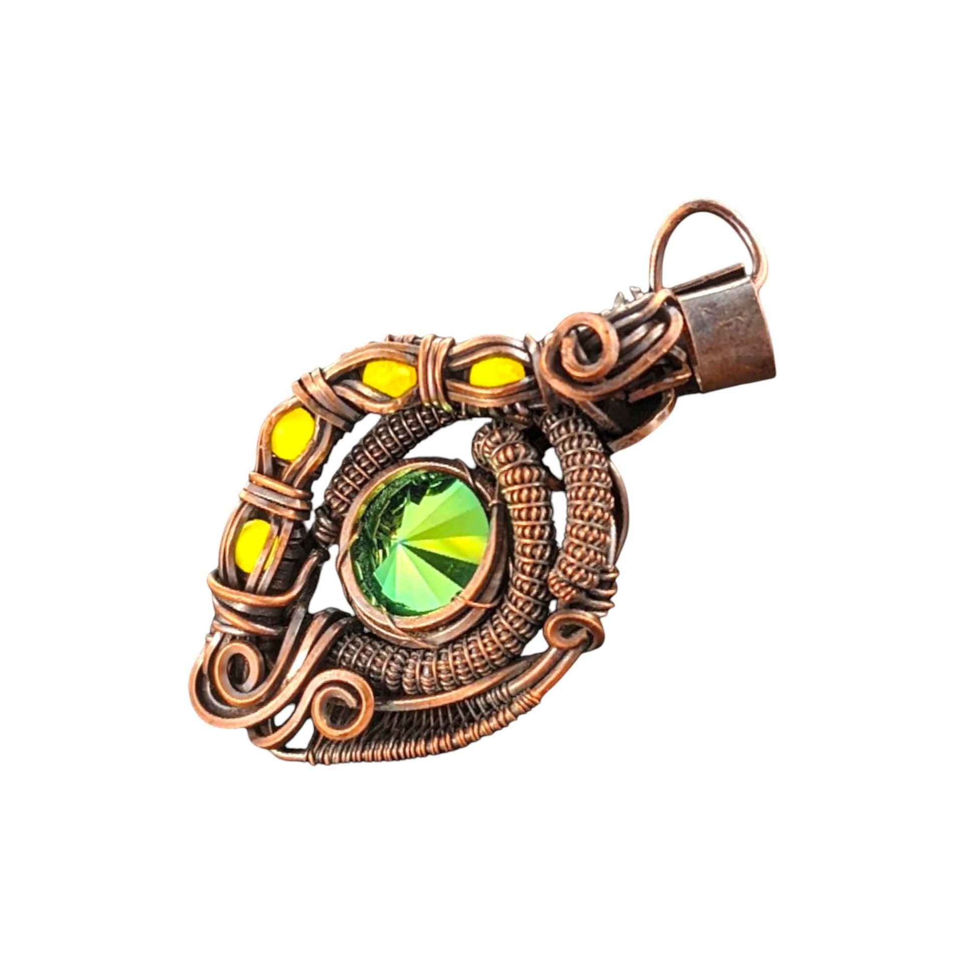 Handmade Copper Wire Pendant: Green Crystal and Yellow Accent Jewelry