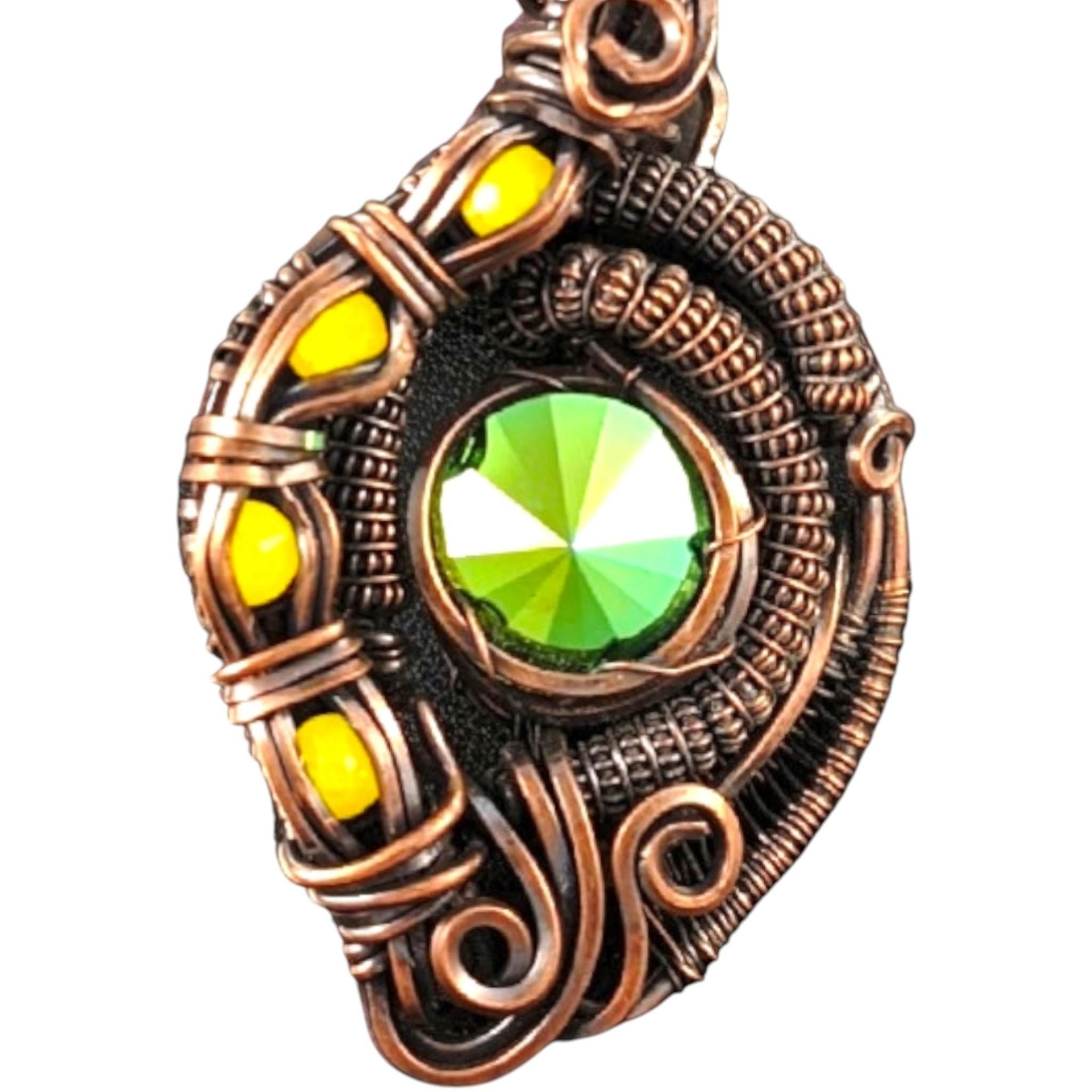 Handmade Copper Wire Pendant: Green Crystal and Yellow Accent Jewelry