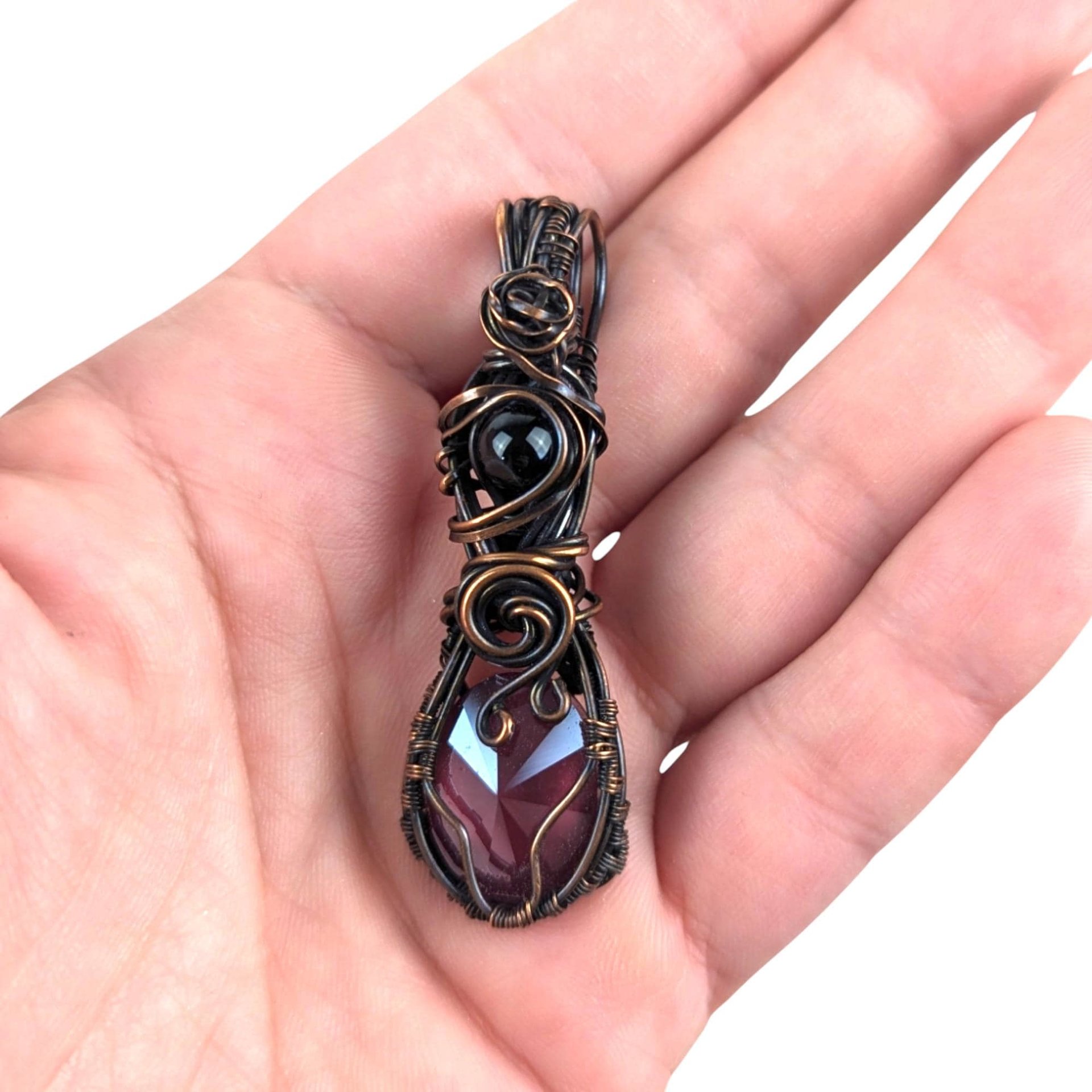 Copper Wire Wrapped Pendant: Purple Teardrop Crystal and Black Bead