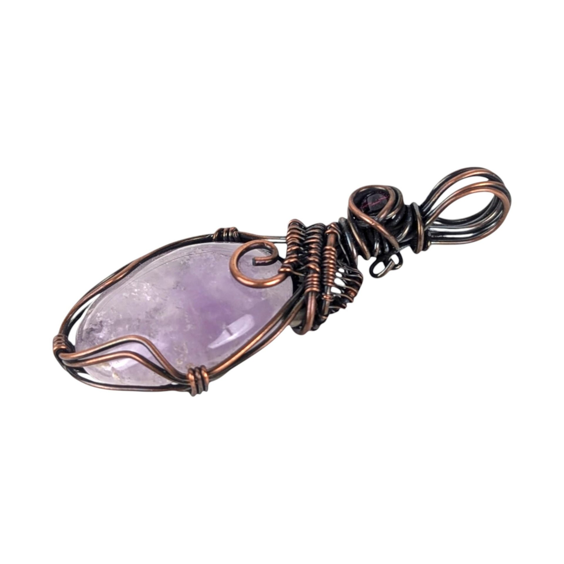 Copper Wire Wrapped Pendant: Amethyst Gemstone with Red Crystal Accent