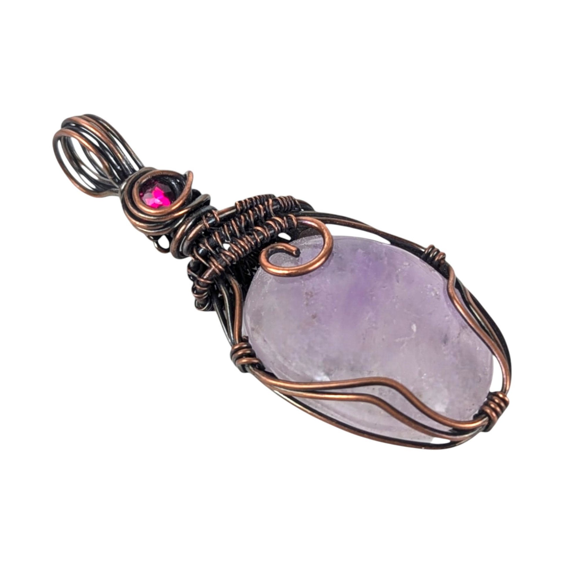 Copper Wire Wrapped Pendant: Amethyst Gemstone with Red Crystal Accent