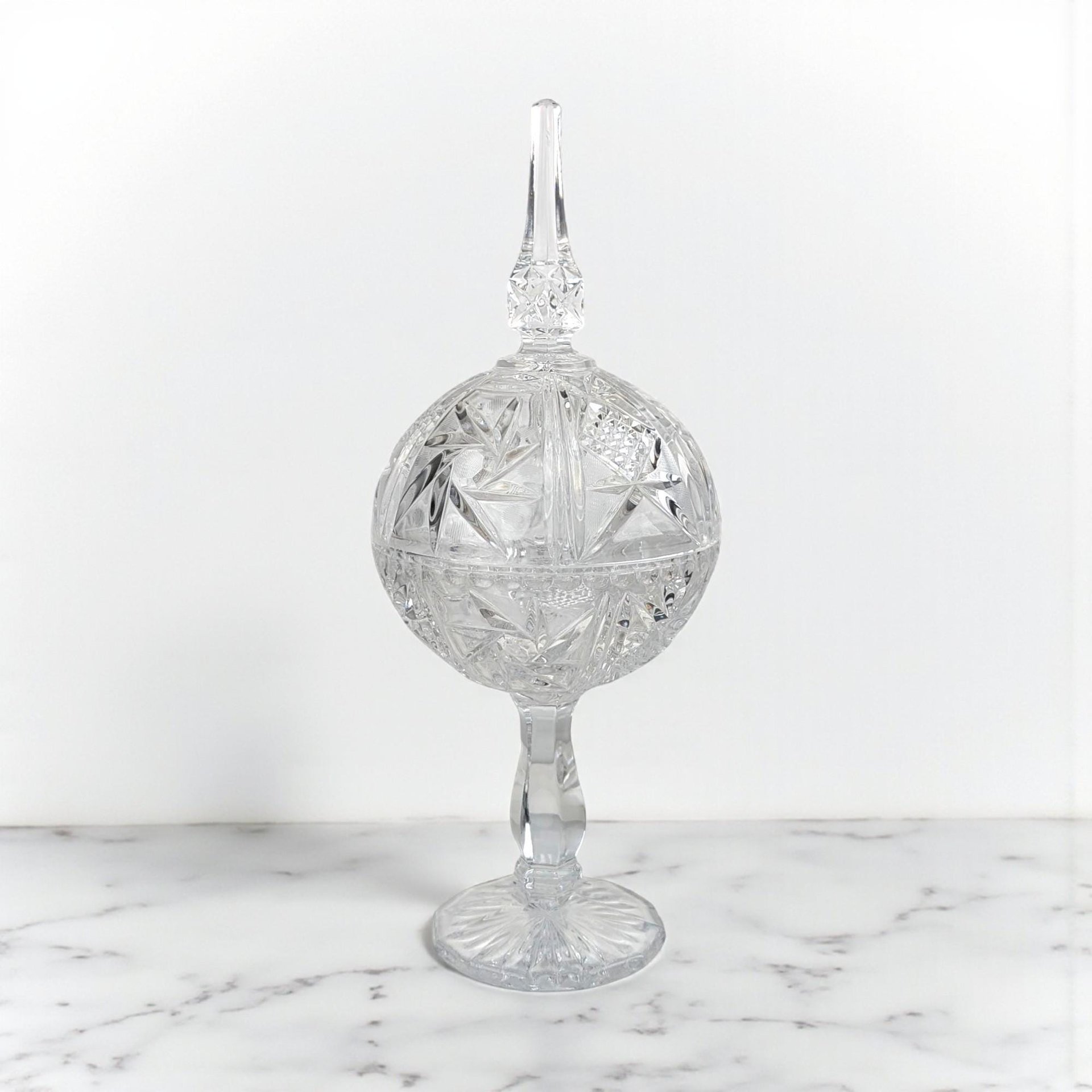 Vintage Cut Crystal Pedestal Candy Dish: Large Lidded Apothecary Jar