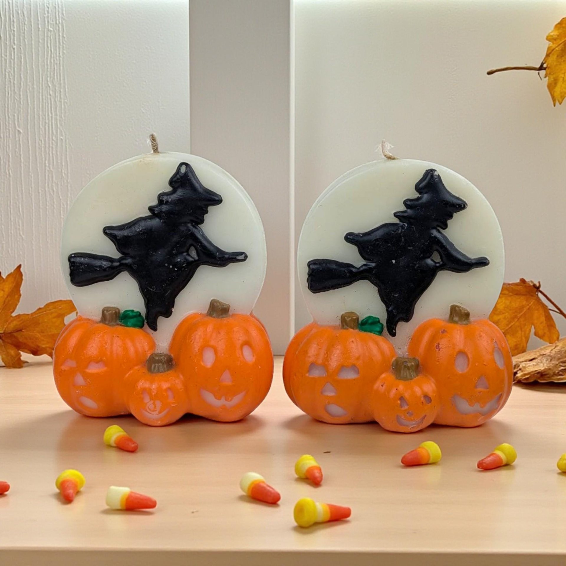 Vintage Papel Halloween Witch Candles: Set of 2 Jack O' Lantern Decor