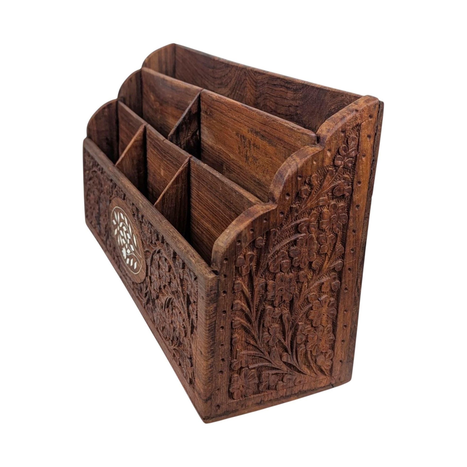 Vintage Carved Wood Desk Organizer: Rosewood & Inlay Letter Holder