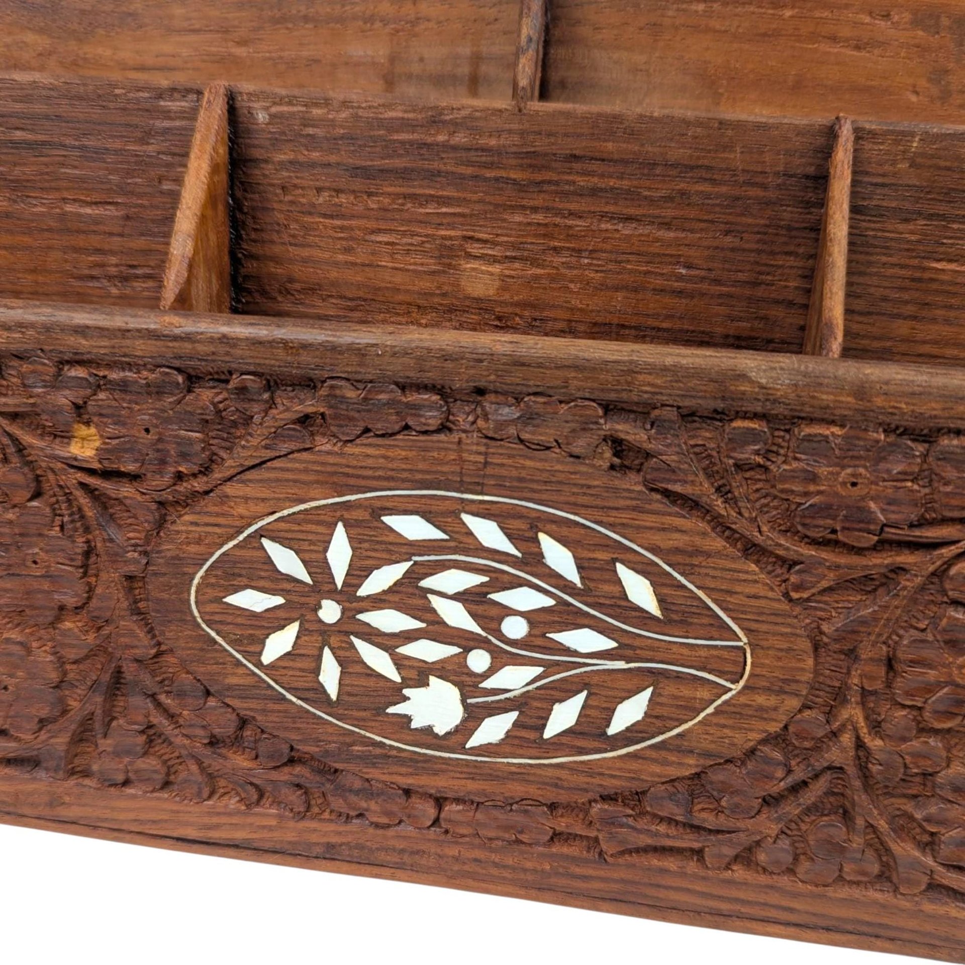Vintage Carved Wood Desk Organizer: Rosewood & Inlay Letter Holder