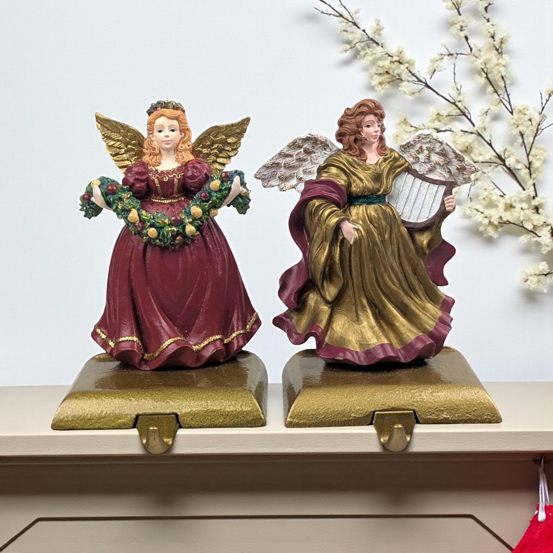 Vintage Angel Stocking Holders: Set of Two Christmas Mantle Hangers