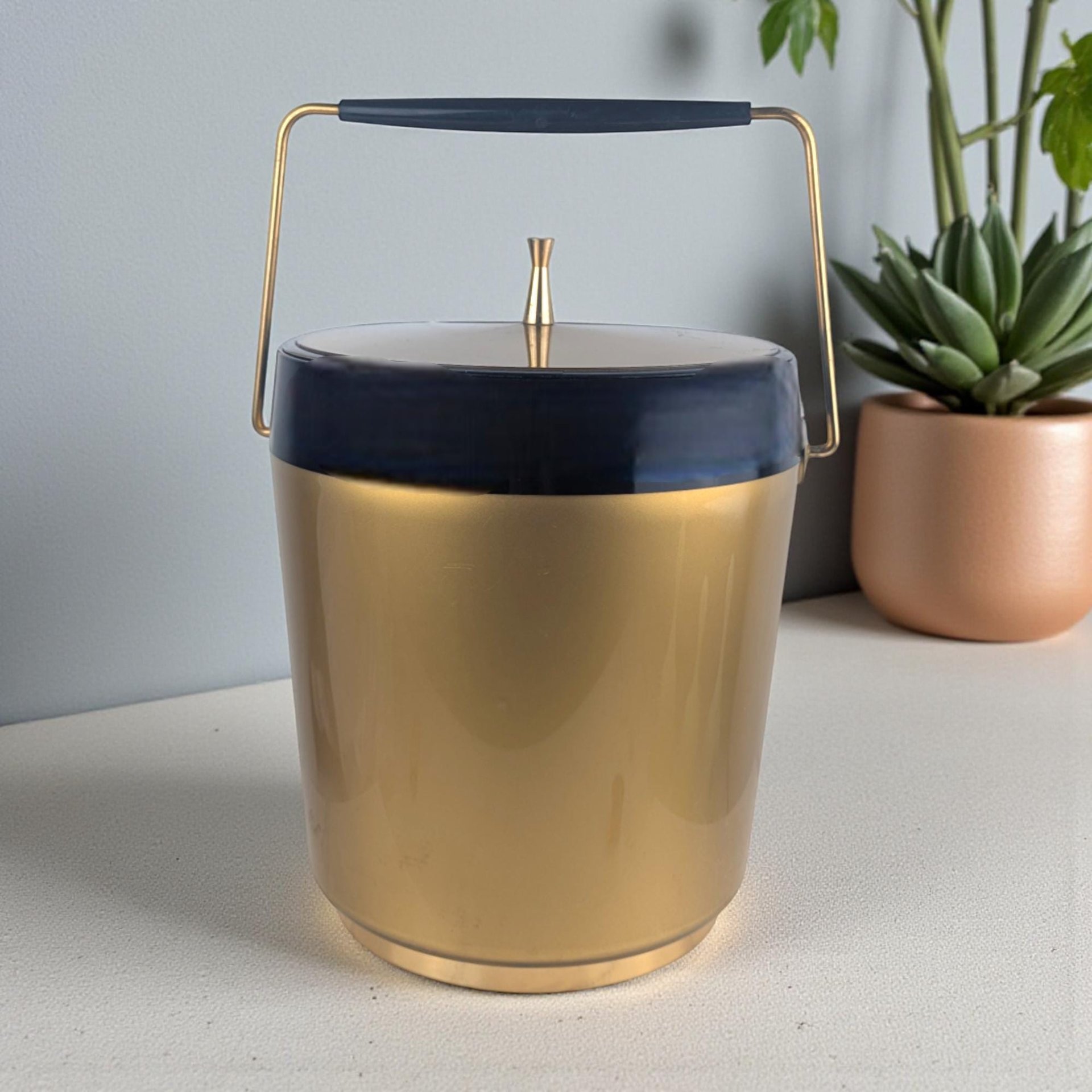 Vintage Gold and Black Ice Bucket: Mid Century Modern Barware, Plastic Cooler