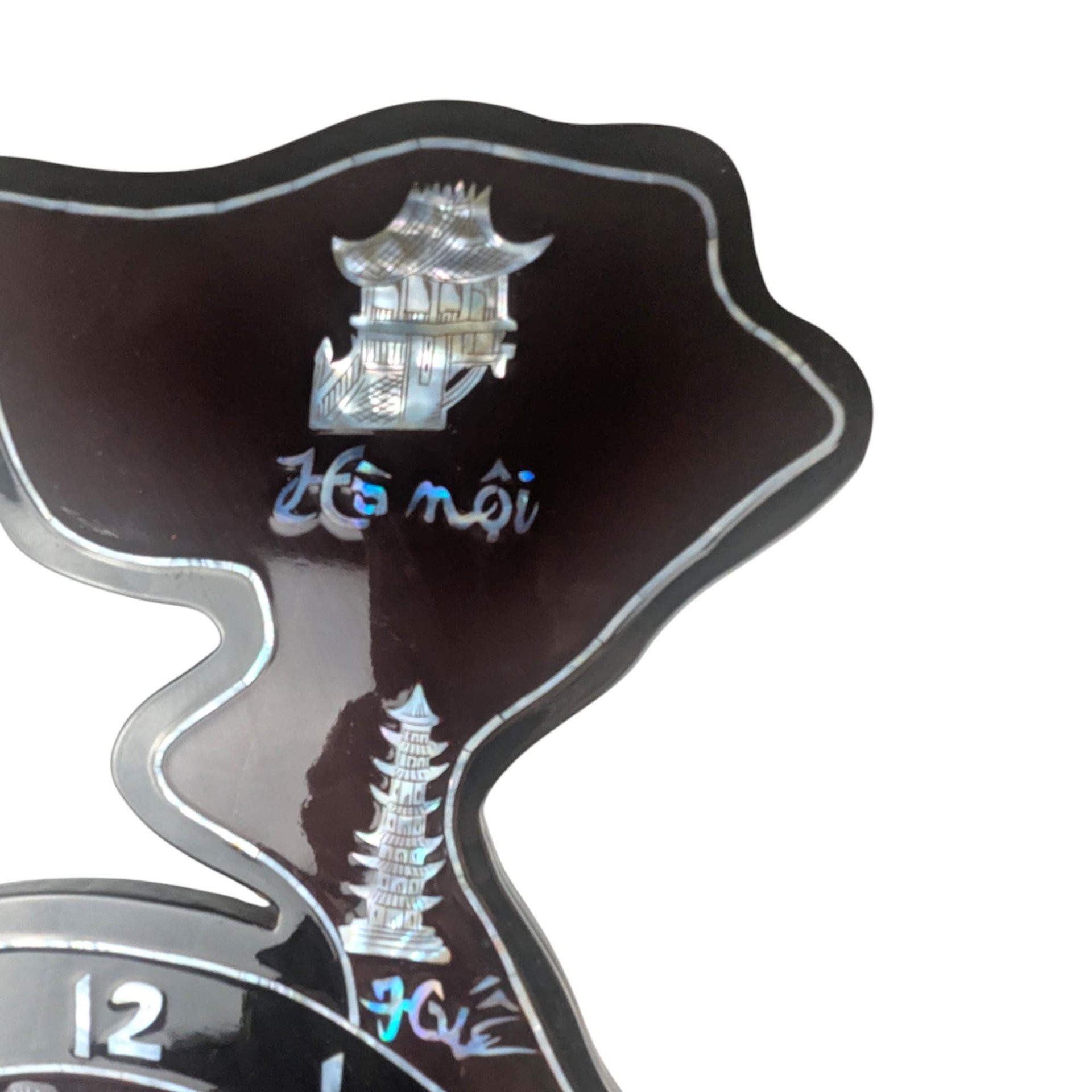 Vintage Vietnam Map Wall Clock: Mother of Pearl Inlay, Lacquerware Zodiac Clock