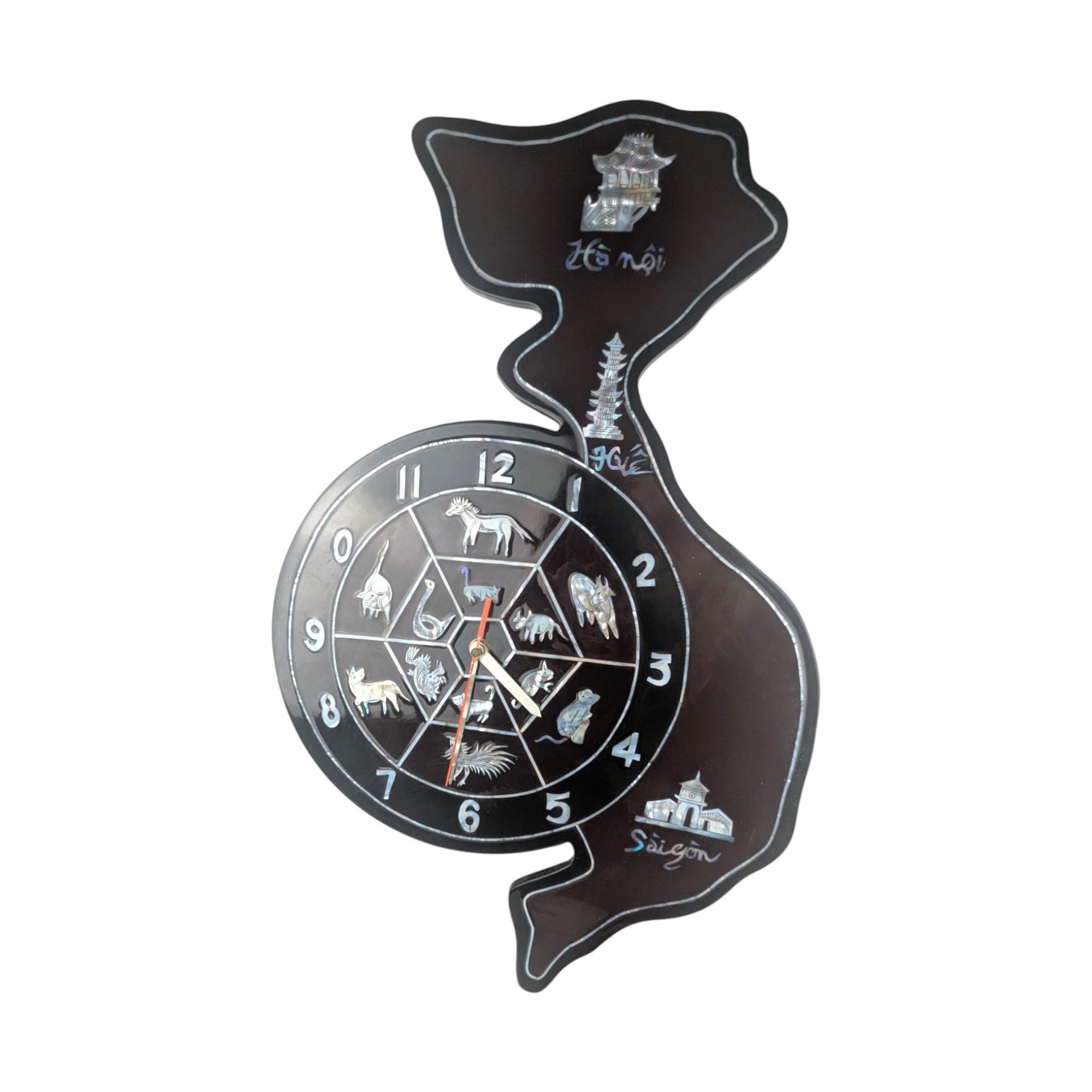 Vintage Vietnam Map Wall Clock: Mother of Pearl Inlay, Lacquerware Zodiac Clock