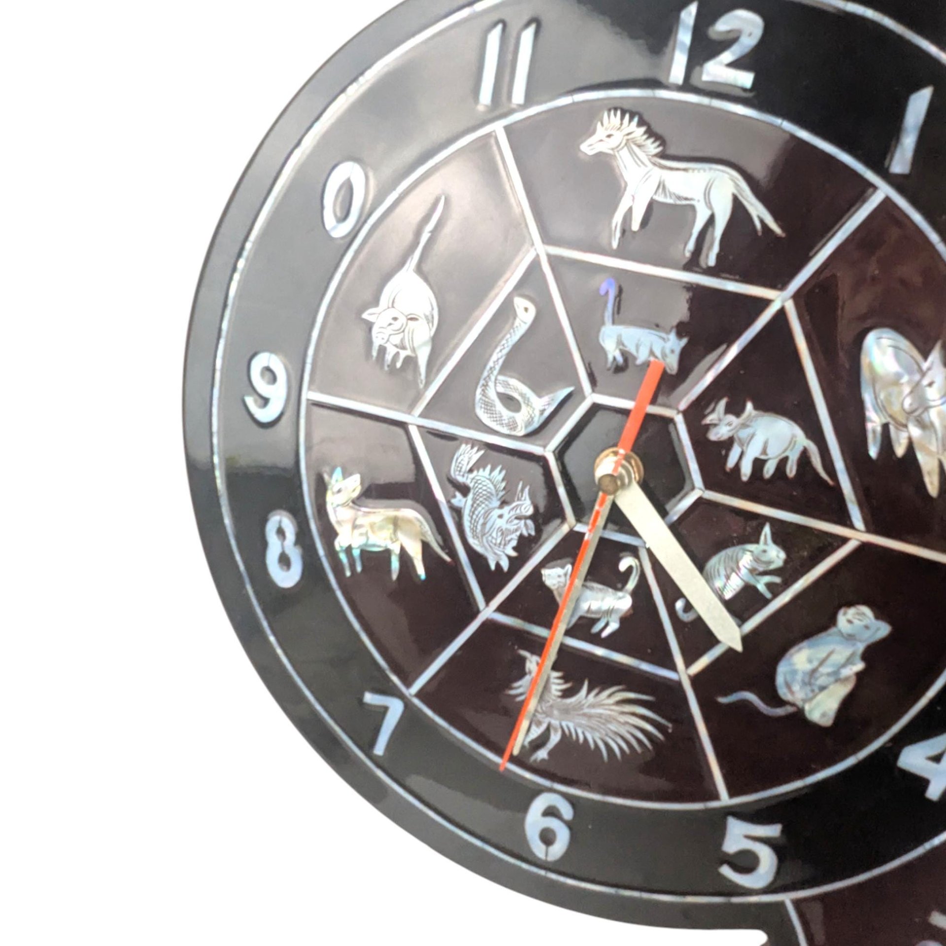 Vintage Vietnam Map Wall Clock: Mother of Pearl Inlay, Lacquerware Zodiac Clock