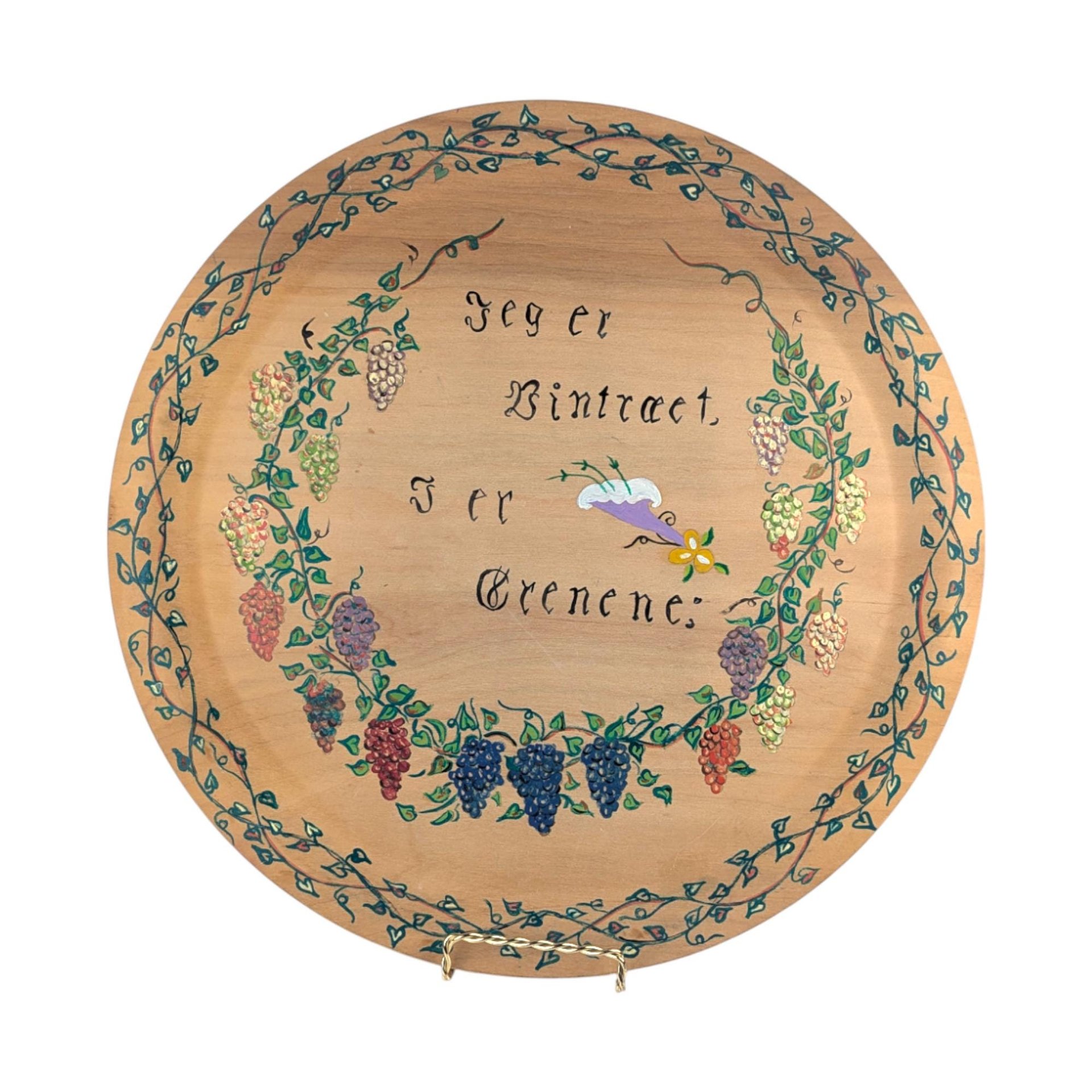 Vintage 1956 Hand Painted Wood Plate: Scandinavian Folk Art, Grapevine Decor