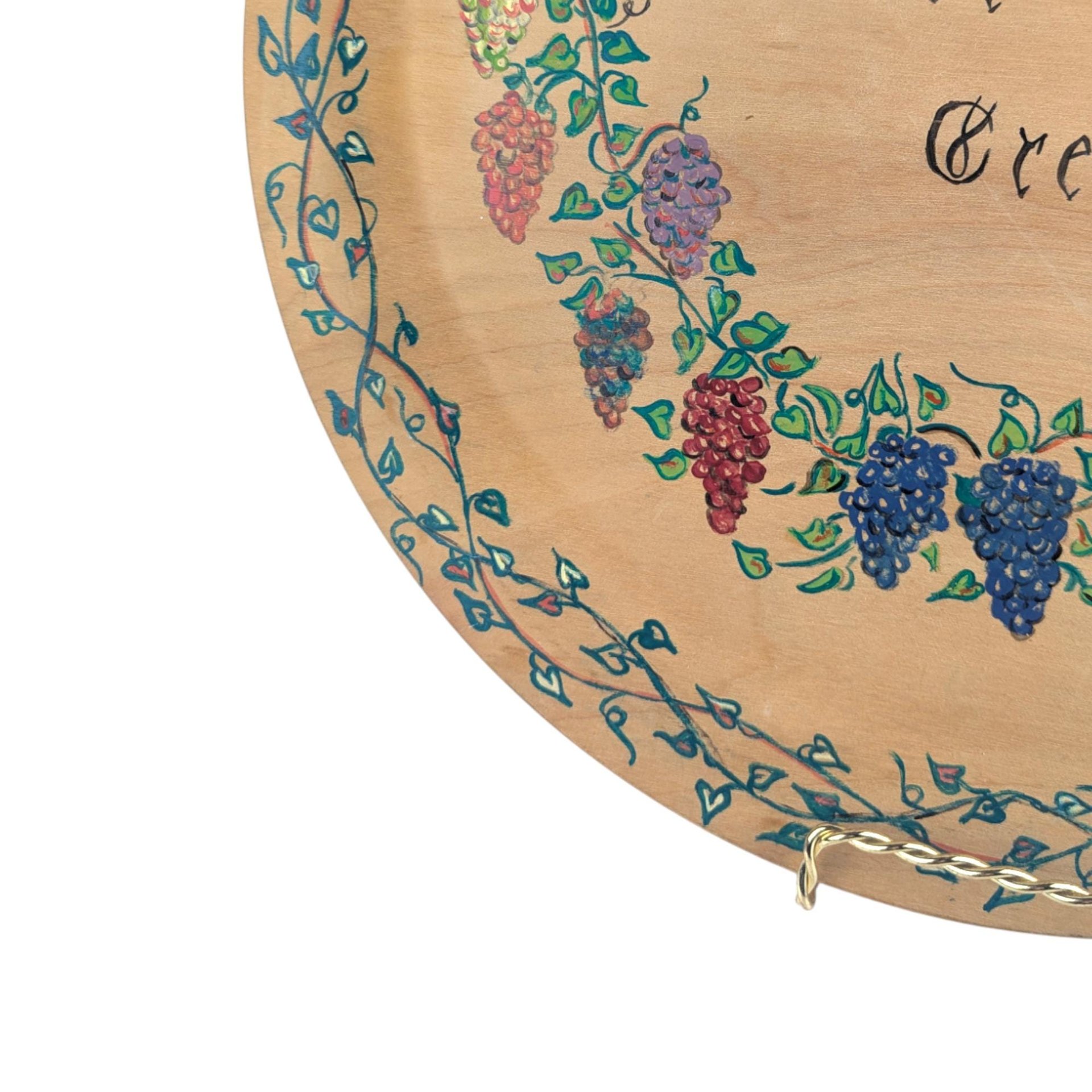 Vintage 1956 Hand Painted Wood Plate: Scandinavian Folk Art, Grapevine Decor