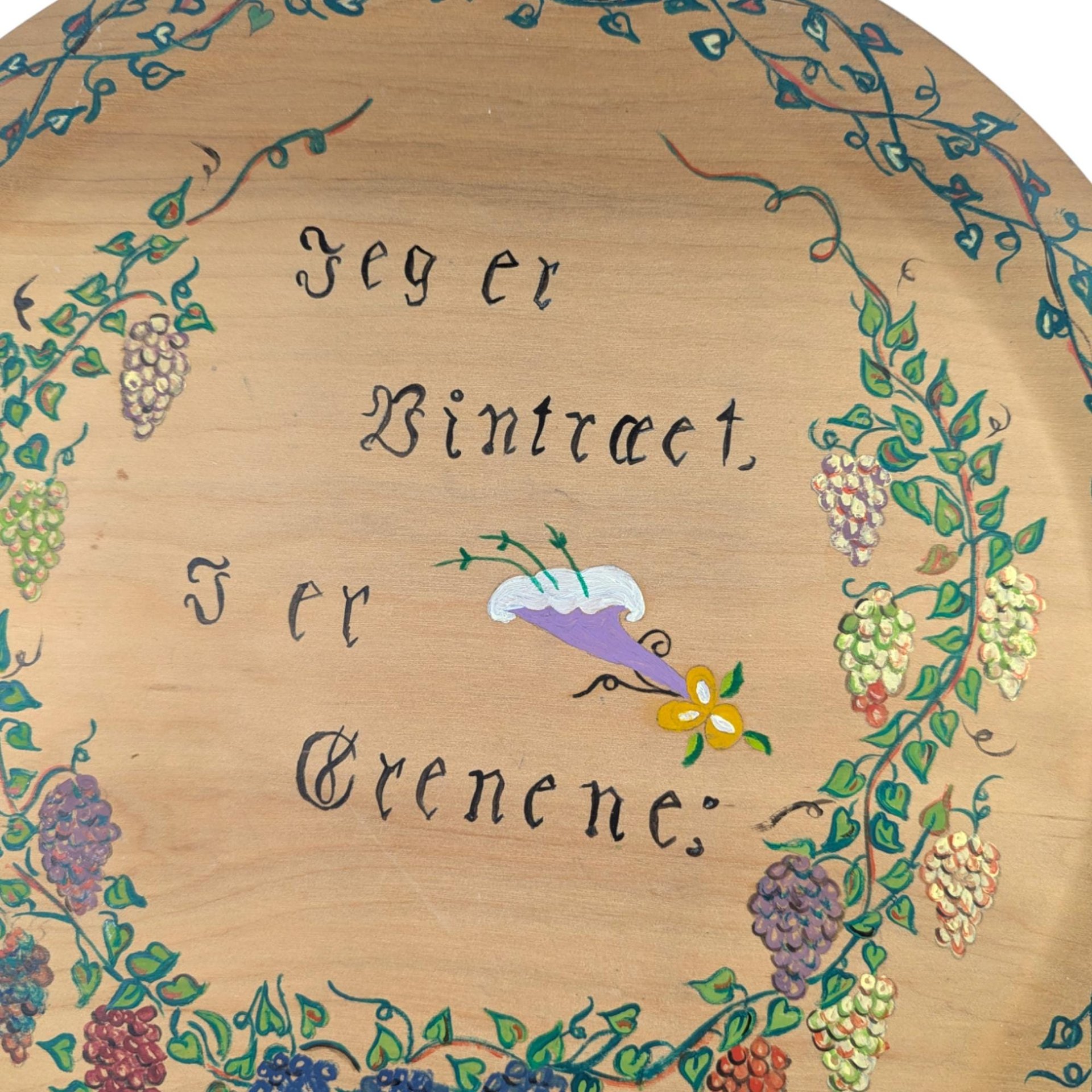 Vintage 1956 Hand Painted Wood Plate: Scandinavian Folk Art, Grapevine Decor