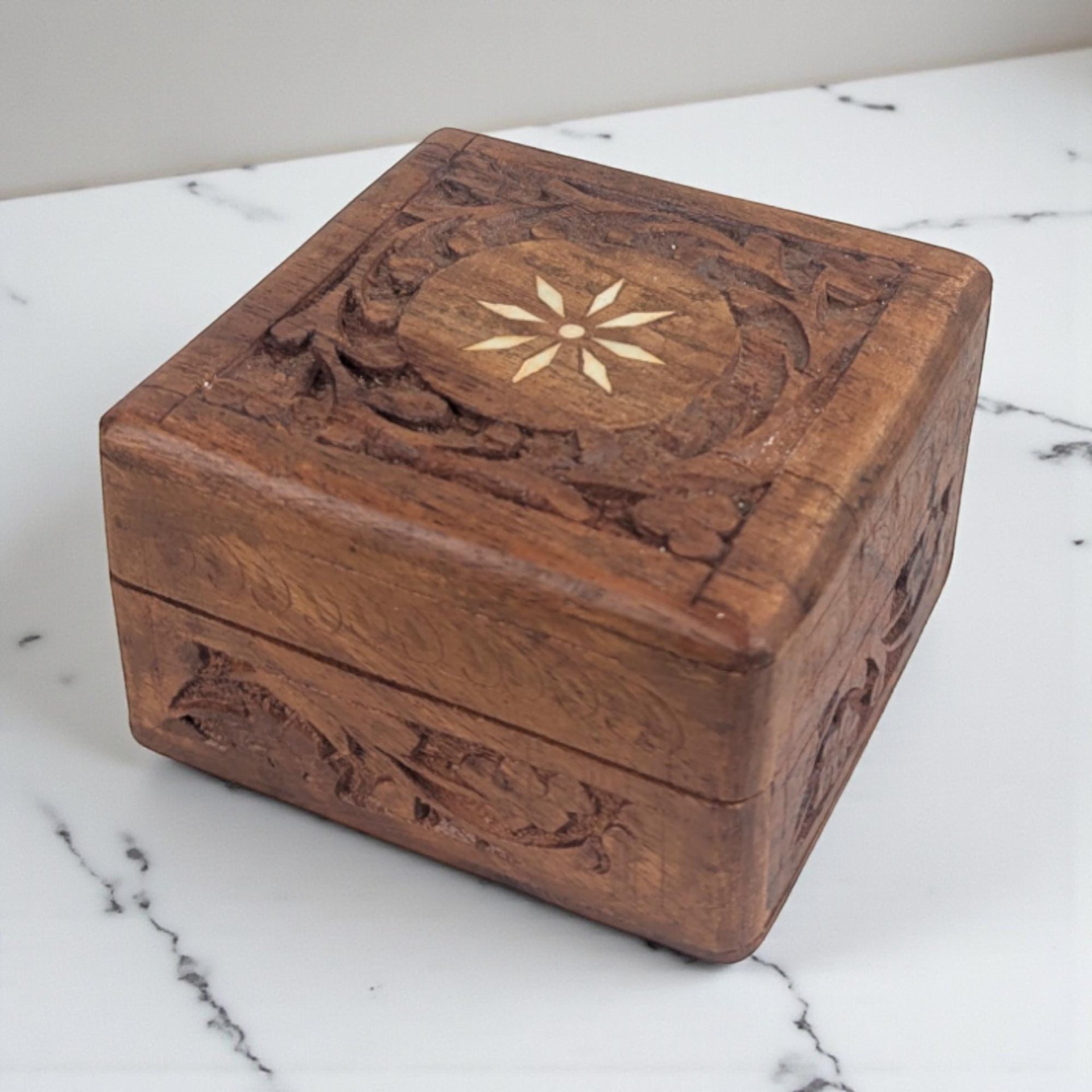 Vintage Carved Wooden Box: Hand Carved Indian Wood, Inlay Trinket or Jewelry Box