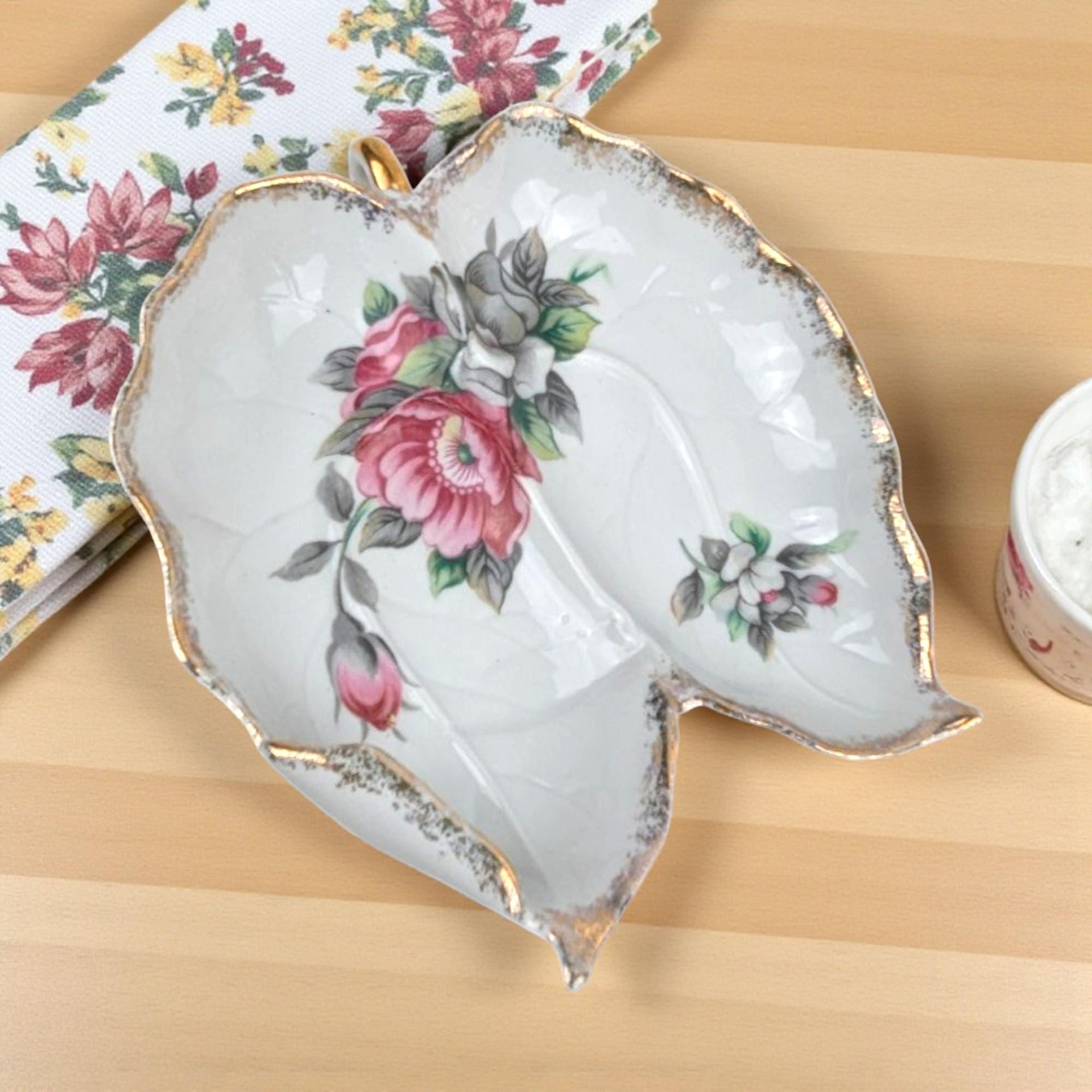 Vintage 1950s Ucago China Leaf Dish: Floral Ceramic Dresser Tray with Gold Trim