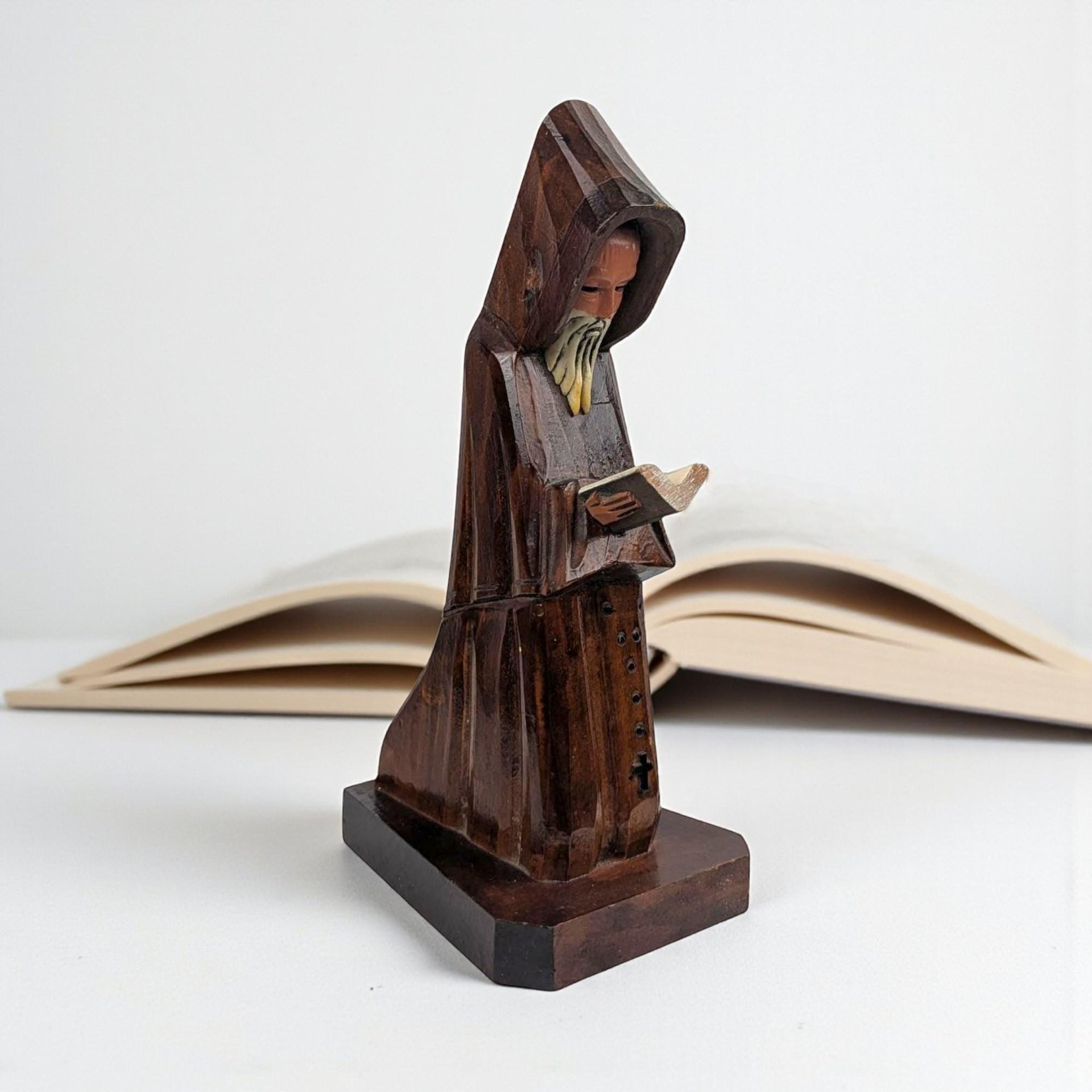 Vintage Hand Carved Monk Statue: Reading Friar Wood Figure, Bookshelf Decor